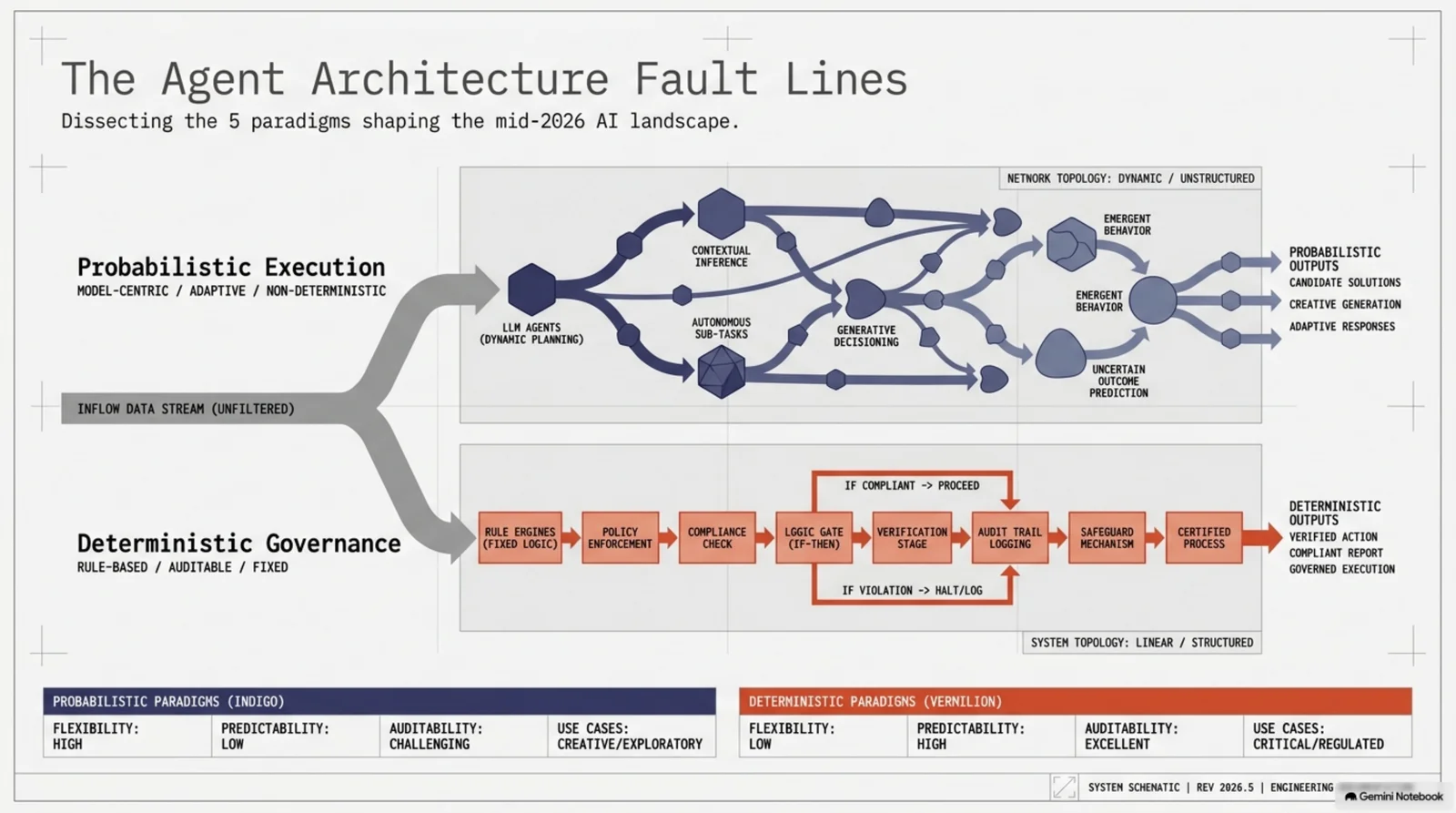 The Agent Architecture Fault Lines — probabilistic execution (model-centric, adaptive, non-deterministic) versus deterministic governance (rule-based, auditable, fixed), dissecting the five paradigms shaping the mid-2026 AI landscape