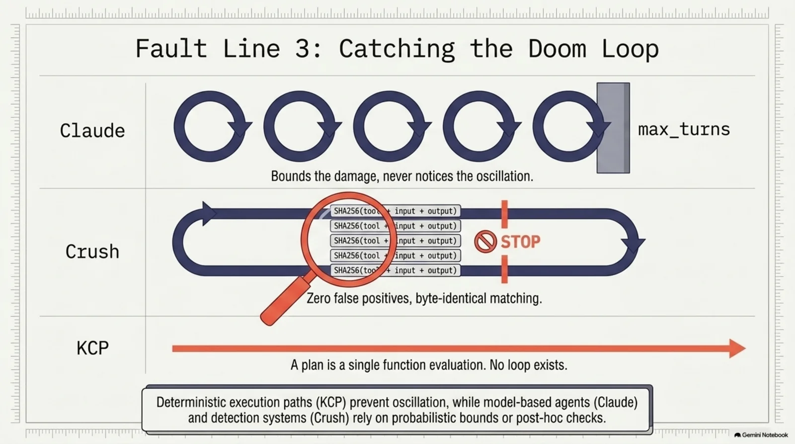 Fault Line 3: Catching the Doom Loop — Claude's max_turns is a hard ceiling that bounds damage but never notices oscillation, Crush's SHA256 hash-matching over a 10-step window catches byte-identical repeats with zero false positives, and KCP has no loop to protect because a plan is a single function evaluation