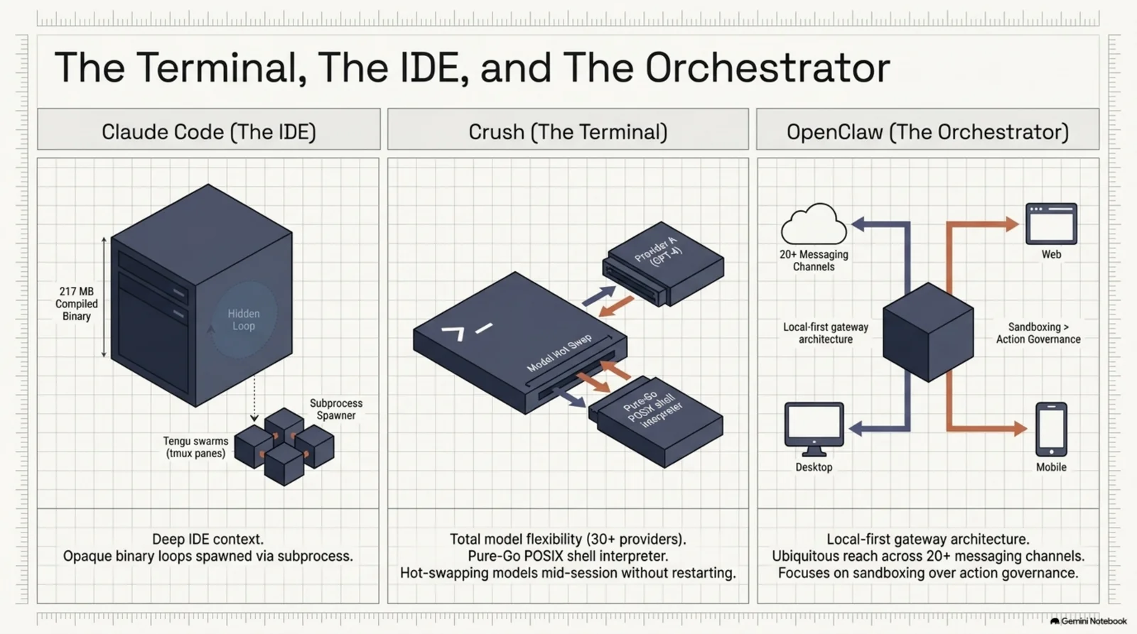 The Terminal, The IDE, and The Orchestrator — Claude Code's 217MB compiled binary with a hidden loop and Tengu-swarm subprocess spawner, Crush's model hot-swap and pure-Go POSIX shell interpreter, OpenClaw's local-first gateway architecture reaching 20+ messaging channels
