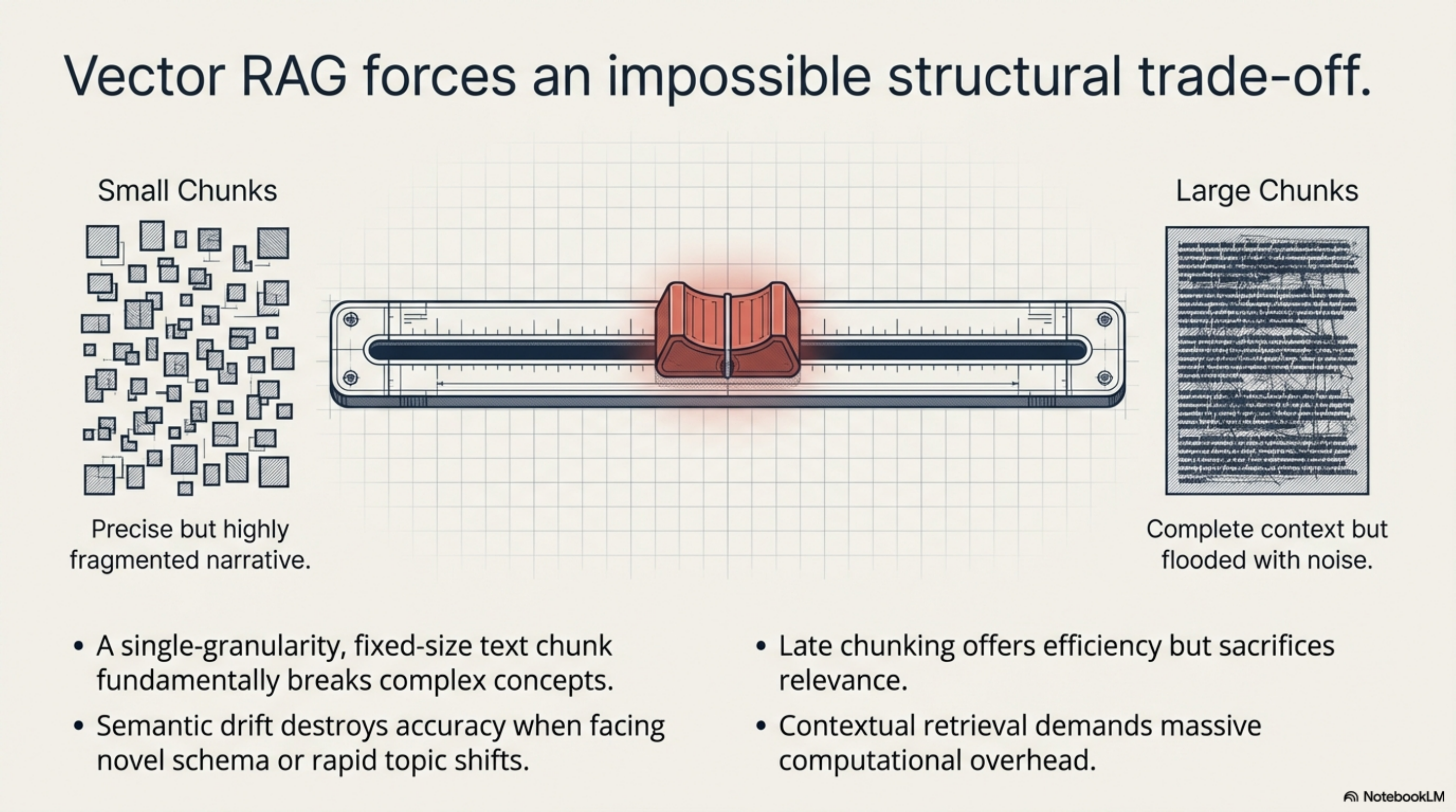 Vector RAG forces an impossible structural trade-off: small chunks are precise but fragmented; large chunks preserve context but flood with noise