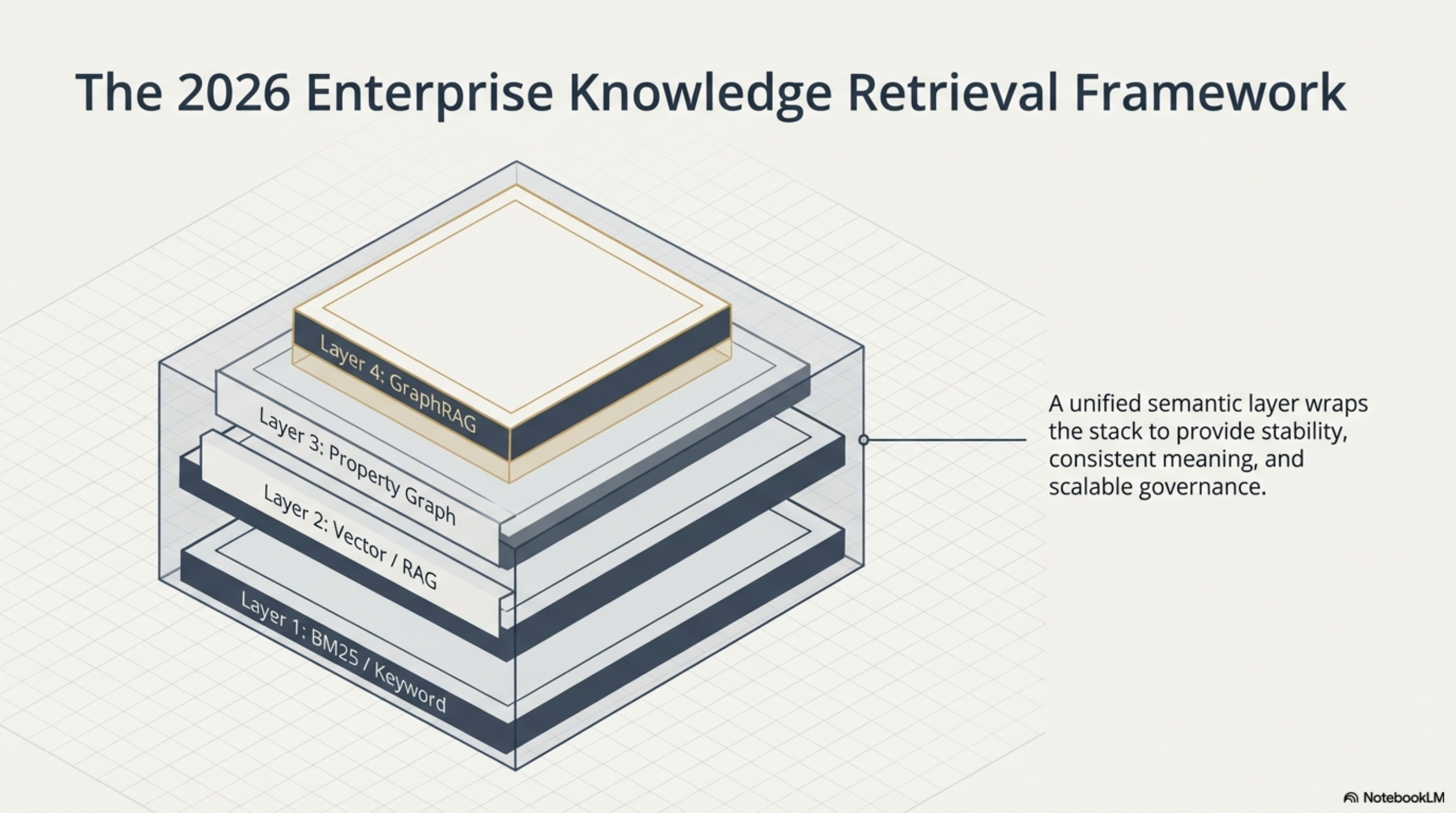 The 2026 Enterprise Knowledge Retrieval Framework: four integrated layers from BM25 through GraphRAG, wrapped in a unified semantic layer