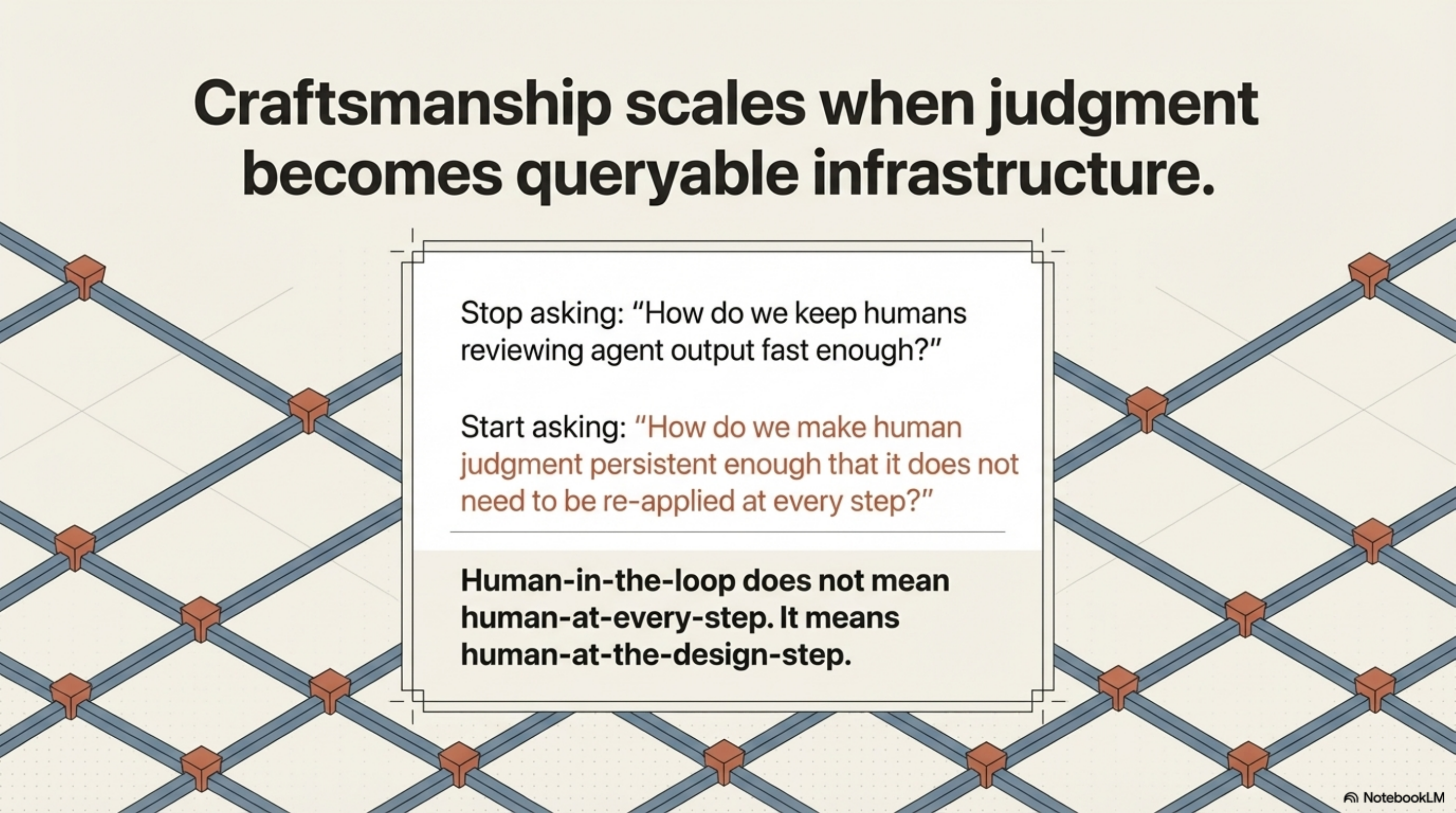 Craftsmanship scales when judgment becomes queryable infrastructure. Stop asking: "How do we keep humans reviewing agent output fast enough?" Start asking: "How do we make human judgment persistent enough that it does not need to be re-applied at every step?" Human-in-the-loop does not mean human-at-every-step. It means human-at-the-design-step.