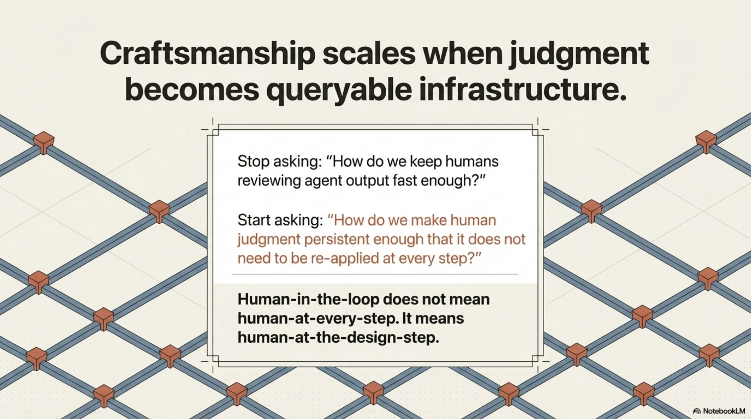 Craftsmanship scales when judgment becomes queryable infrastructure. Stop asking: "How do we keep humans reviewing agent output fast enough?" Start asking: "How do we make human judgment persistent enough that it does not need to be re-applied at every step?" Human-in-the-loop does not mean human-at-every-step. It means human-at-the-design-step.