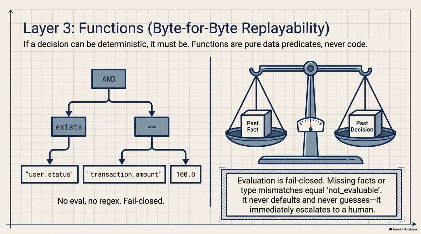 Layer 3: Functions — a predicate expression tree (AND / exists / == over user.status and transaction.amount) balanced against byte-for-byte replayability: a past fact weighed against a past decision, fail-closed evaluation that escalates to a human instead of defaulting or guessing