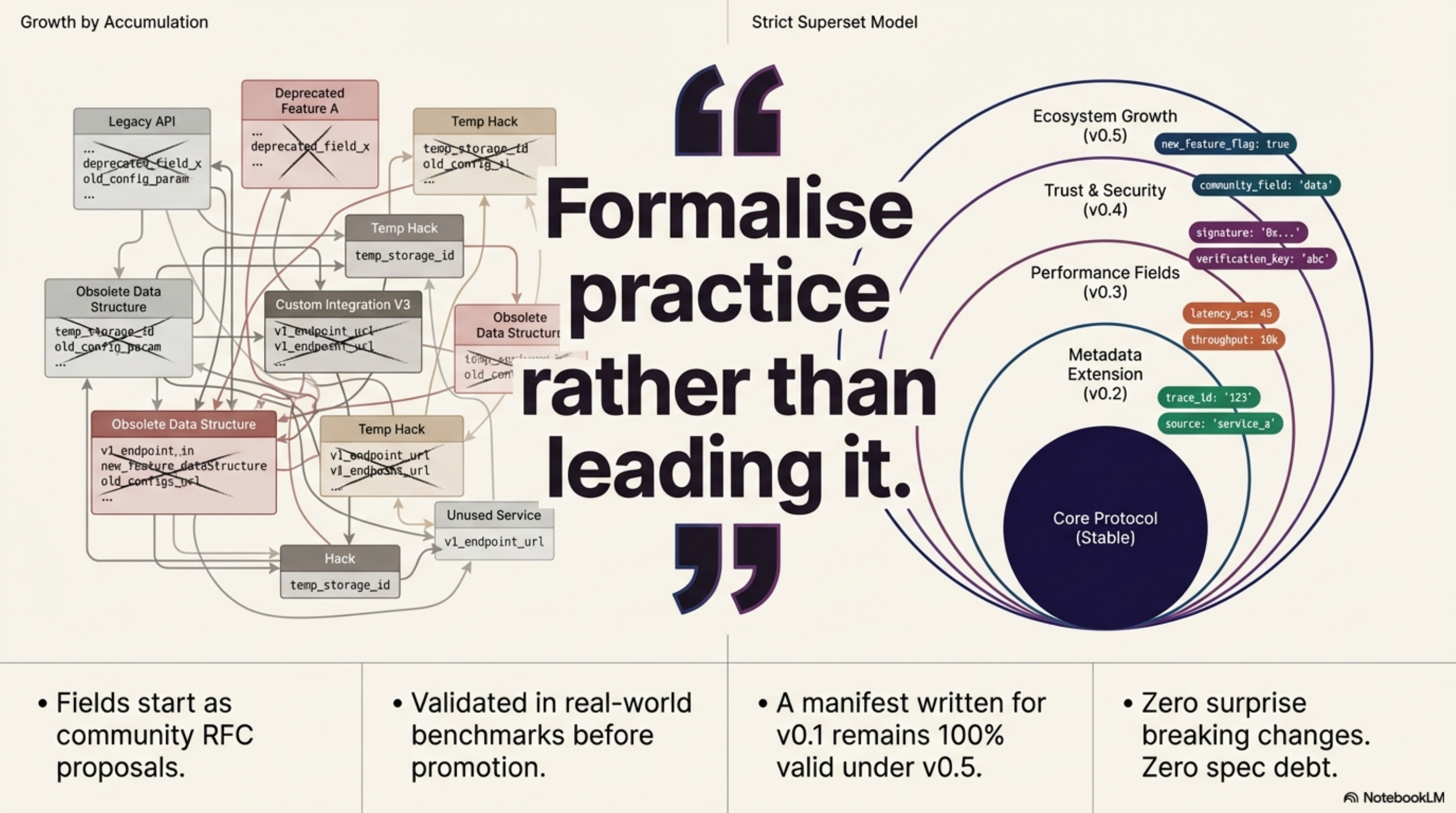 Growth by accumulation vs strict superset model — formalise practice rather than leading it