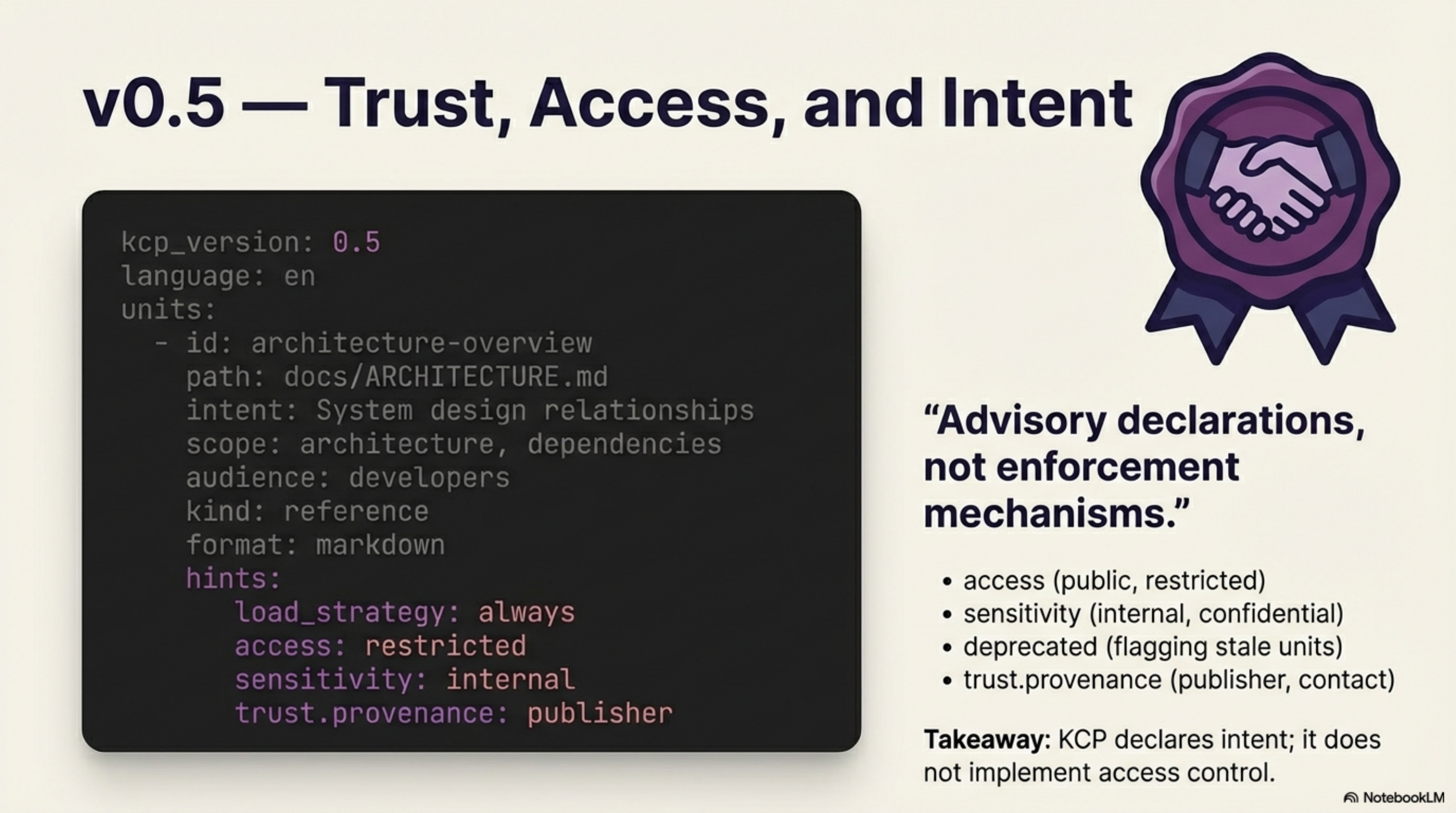v0.5 — Trust, Access, and Intent: "Advisory declarations, not enforcement mechanisms"