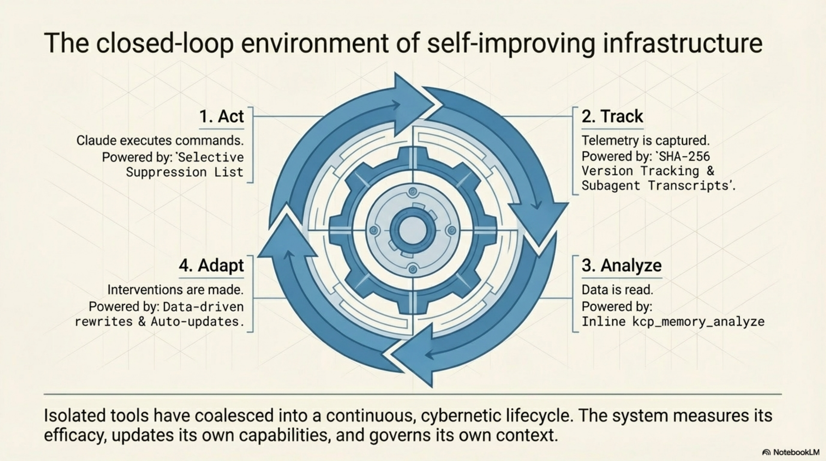 The closed-loop environment of self-improving infrastructure — Act (selective suppression) → Track (SHA-256 version tracking + subagent transcripts) → Analyze (inline kcp_memory_analyze) → Adapt (data-driven rewrites + auto-updates)