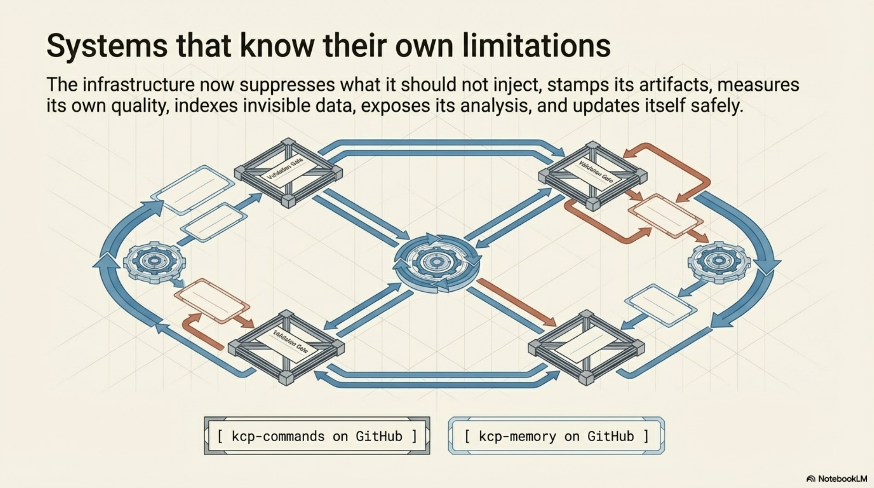 Systems that know their own limitations — the infrastructure now suppresses what it should not inject, stamps its artifacts, measures its own quality, indexes invisible data, exposes its analysis, and updates itself safely