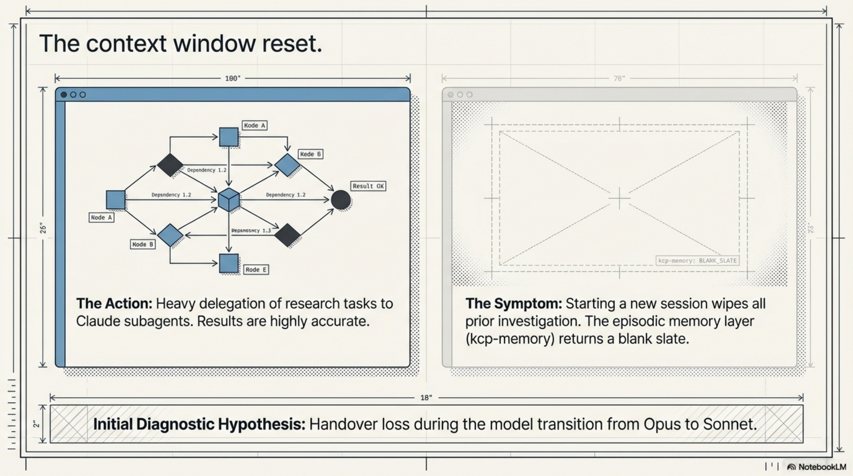 The context window reset: heavy delegation to subagents, results accurate — but new sessions return a blank slate. Initial hypothesis: handover loss during model transition from Opus to Sonnet.