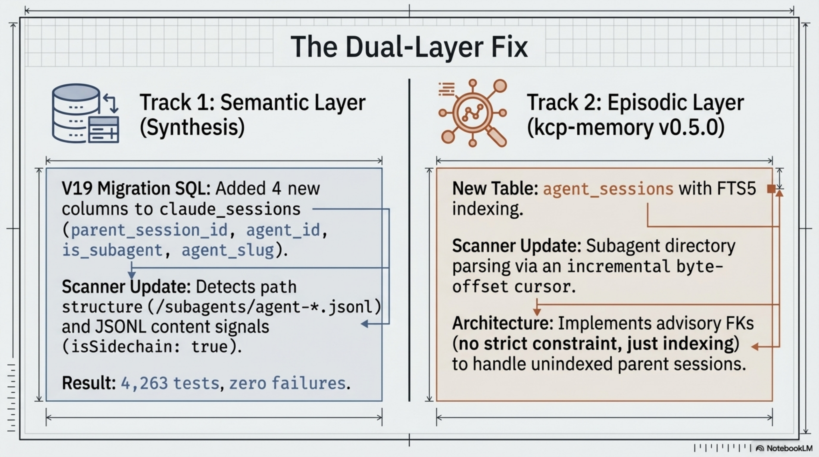 The Dual-Layer Fix — Track 1: Synthesis V19 migration (4 new columns, isSidechain detection, 4,263 tests zero failures). Track 2: kcp-memory v0.5.0 (agent_sessions table, FTS5 indexing, advisory FKs).