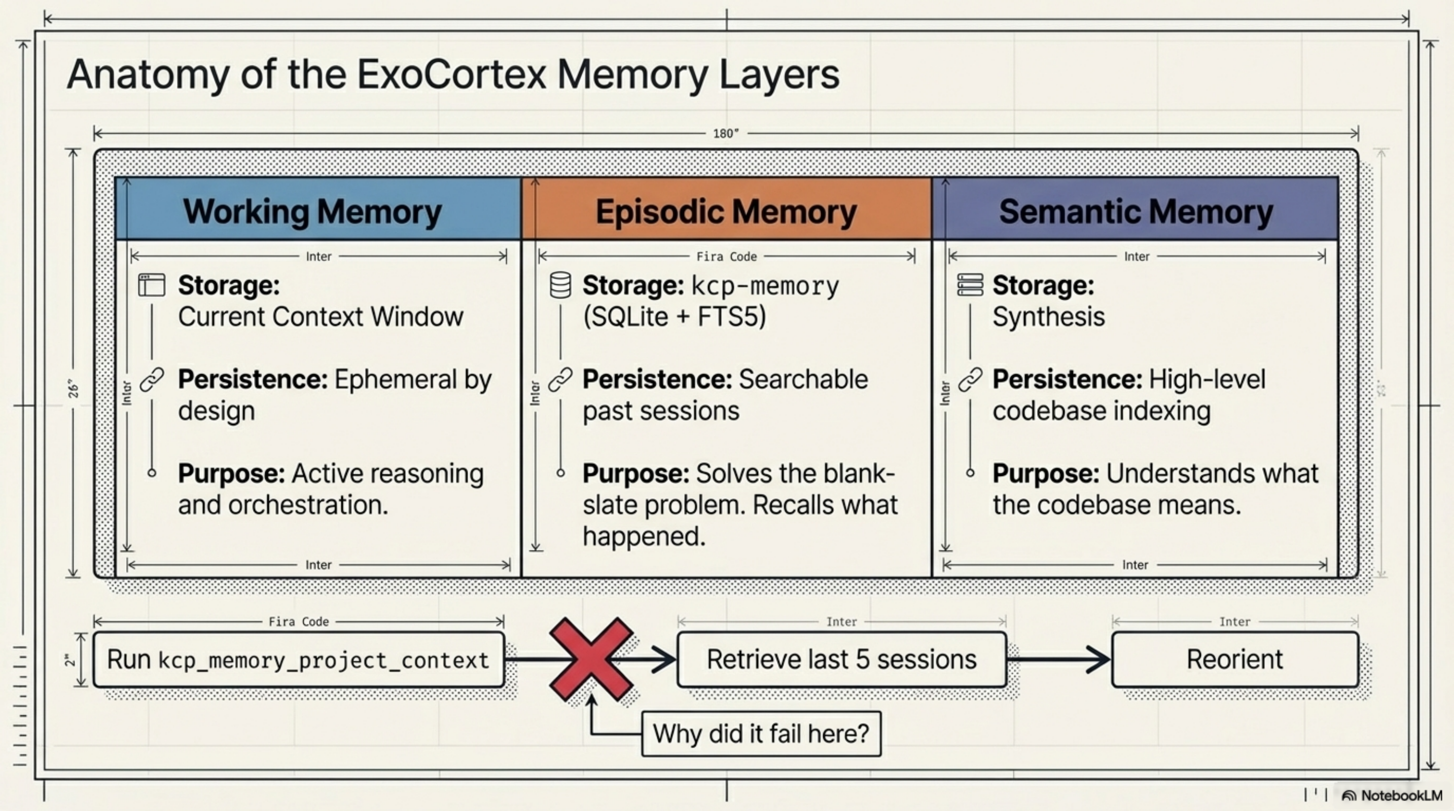 Anatomy of the ExoCortex Memory Layers — Working (context window), Episodic (kcp-memory / SQLite+FTS5), Semantic (Synthesis). The kcp_memory_project_context call was failing to retrieve prior agent work.