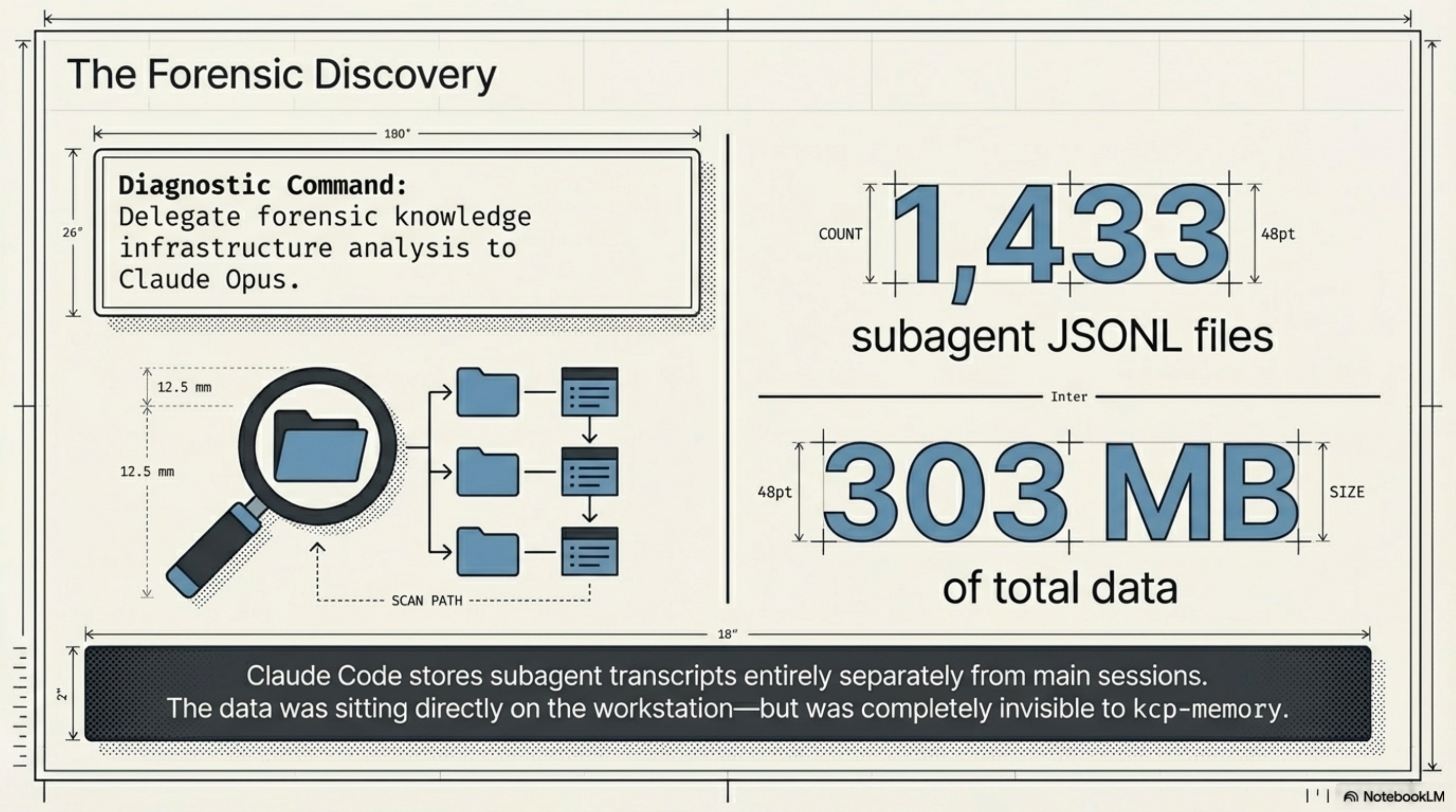 The Forensic Discovery: 1,433 subagent JSONL files, 303 MB of total data — sitting on disk, completely invisible to kcp-memory.