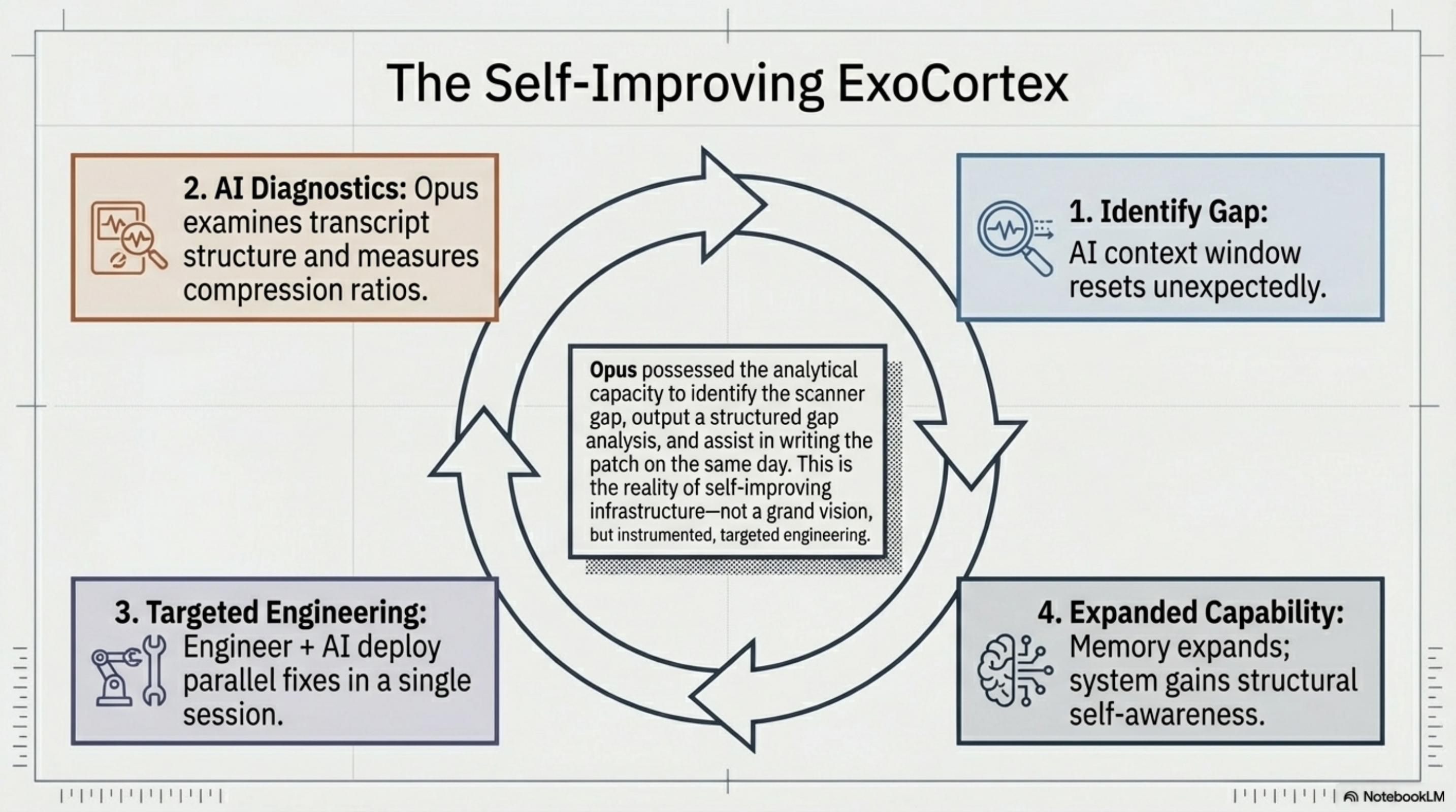 The Self-Improving ExoCortex — four-step cycle: Identify Gap → AI Diagnostics → Targeted Engineering → Expanded Capability. Opus possessed the analytical capacity to identify the scanner gap, output a structured gap analysis, and assist in writing the patch on the same day.