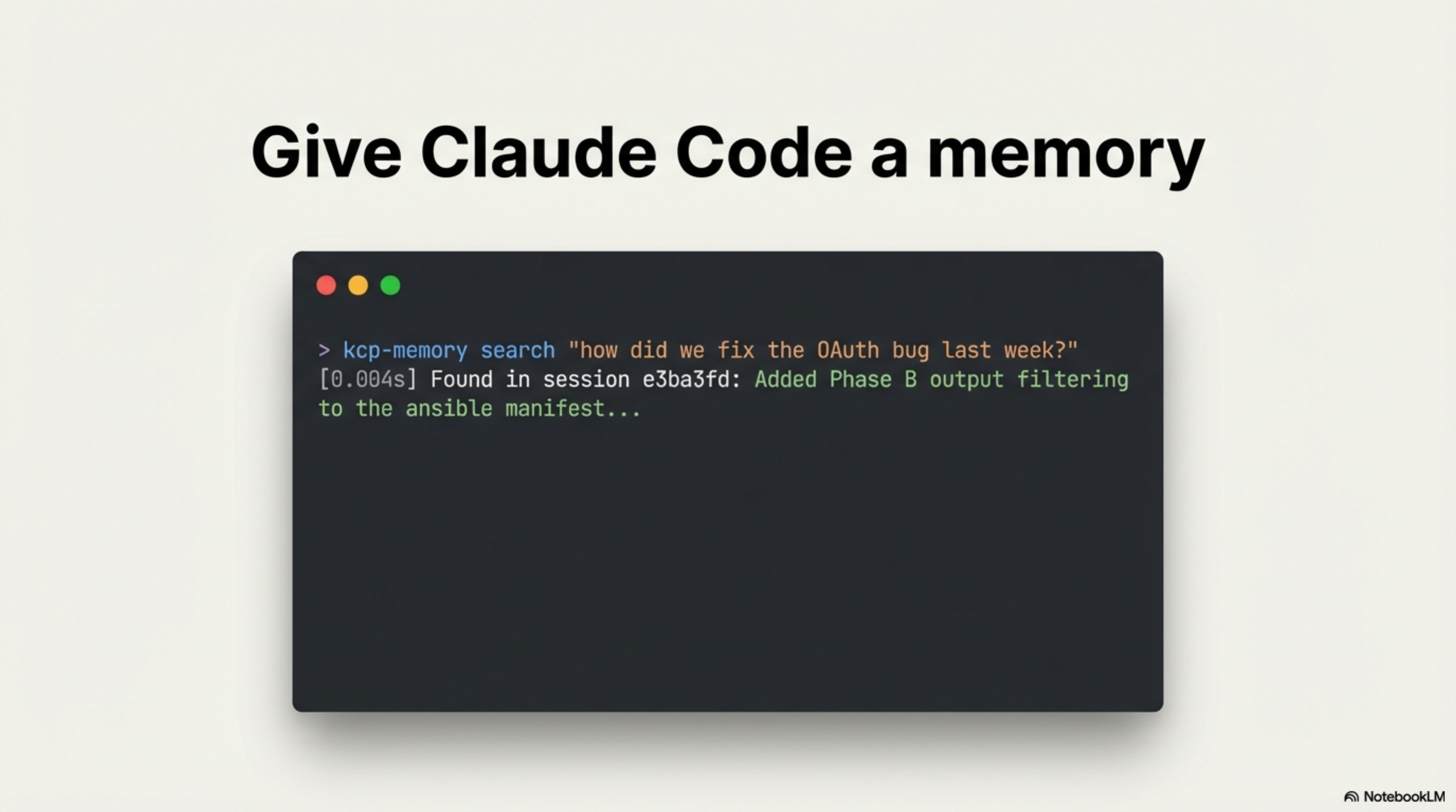 Give Claude Code a memory — kcp-memory search terminal demo