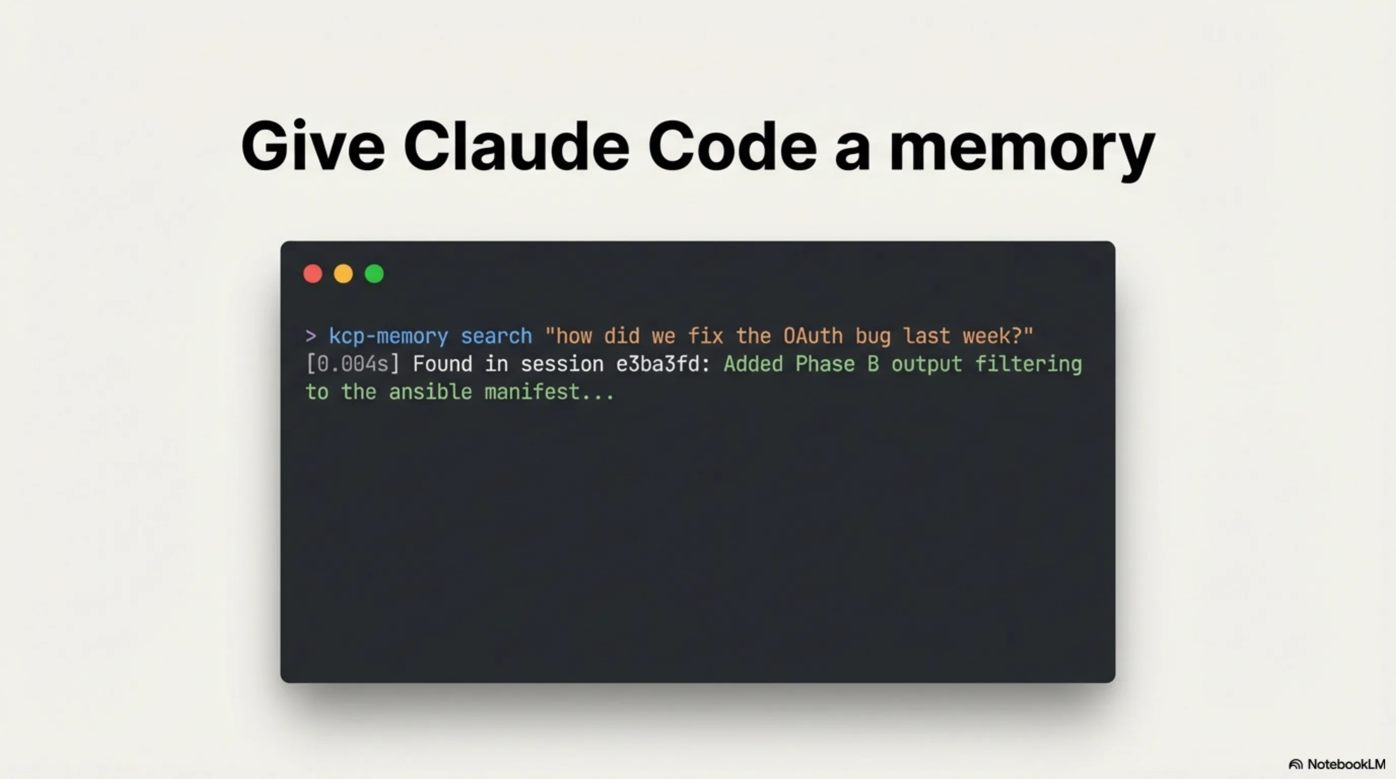 Give Claude Code a memory — kcp-memory search terminal demo