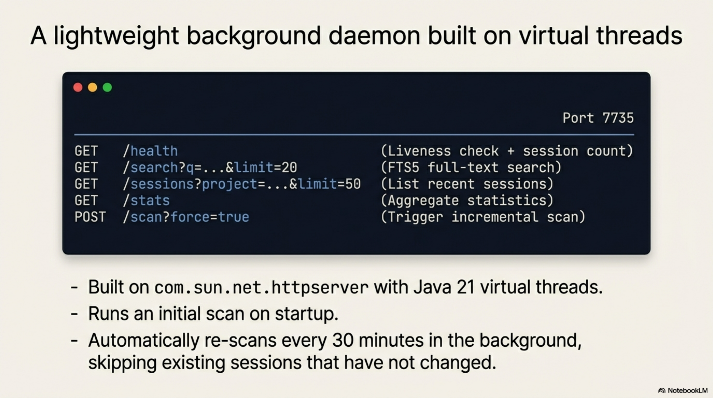 A lightweight background daemon built on virtual threads — 6 API endpoints on port 7735, cold start under 2 seconds