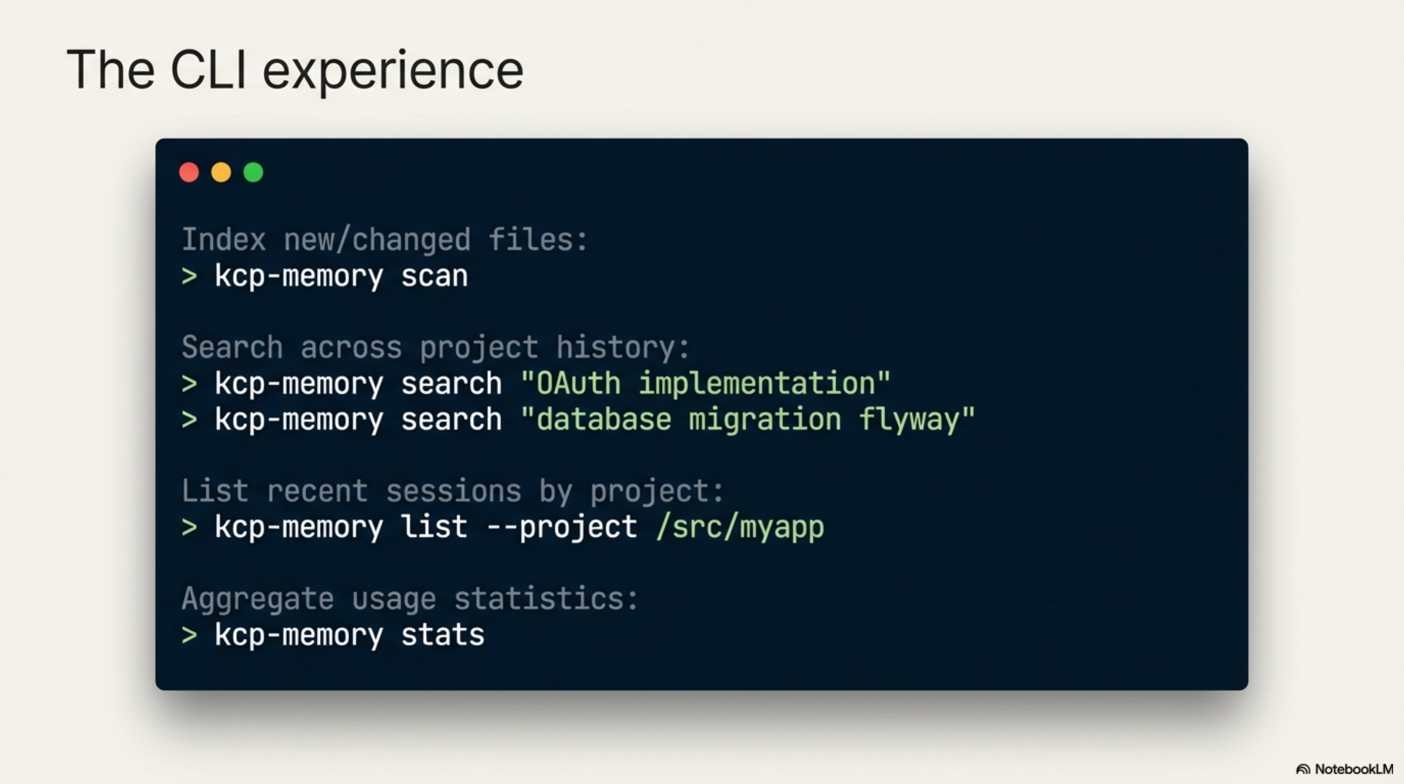 The CLI experience — scan, search, list, stats subcommands with example output