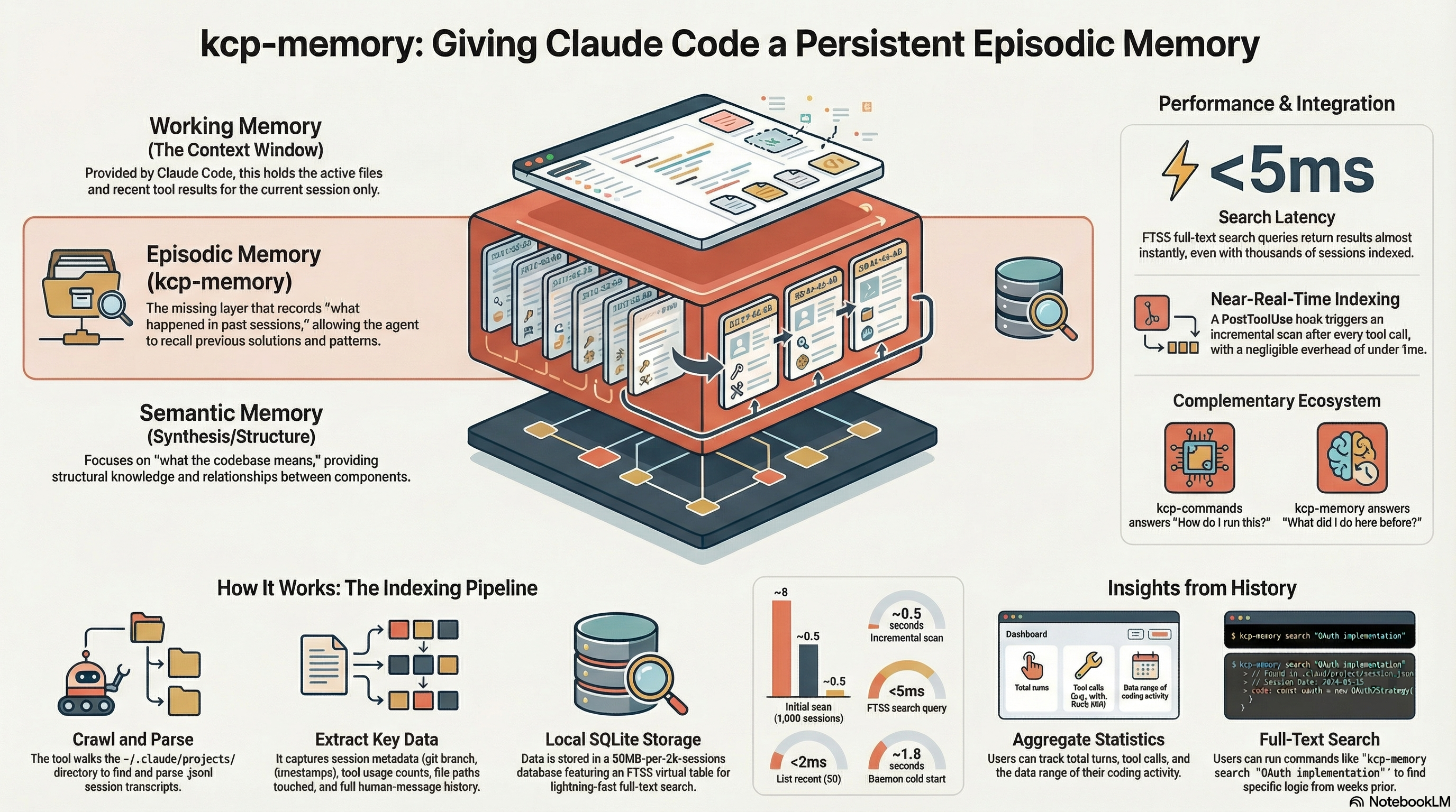 kcp-memory: three-layer memory model for Claude Code — working memory (context window), episodic memory (kcp-memory), semantic memory (Synthesis)