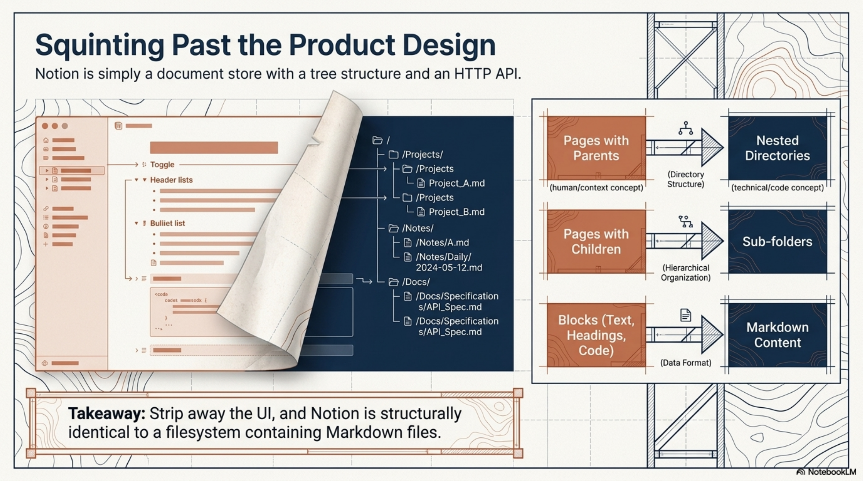 Squinting Past the Product Design. Notion is simply a document store with a tree structure and an HTTP API. Pages with Parents → Nested Directories. Pages with Children → Sub-folders. Blocks (Text, Headings, Code) → Markdown Content. Strip away the UI, and Notion is structurally identical to a filesystem containing Markdown files.