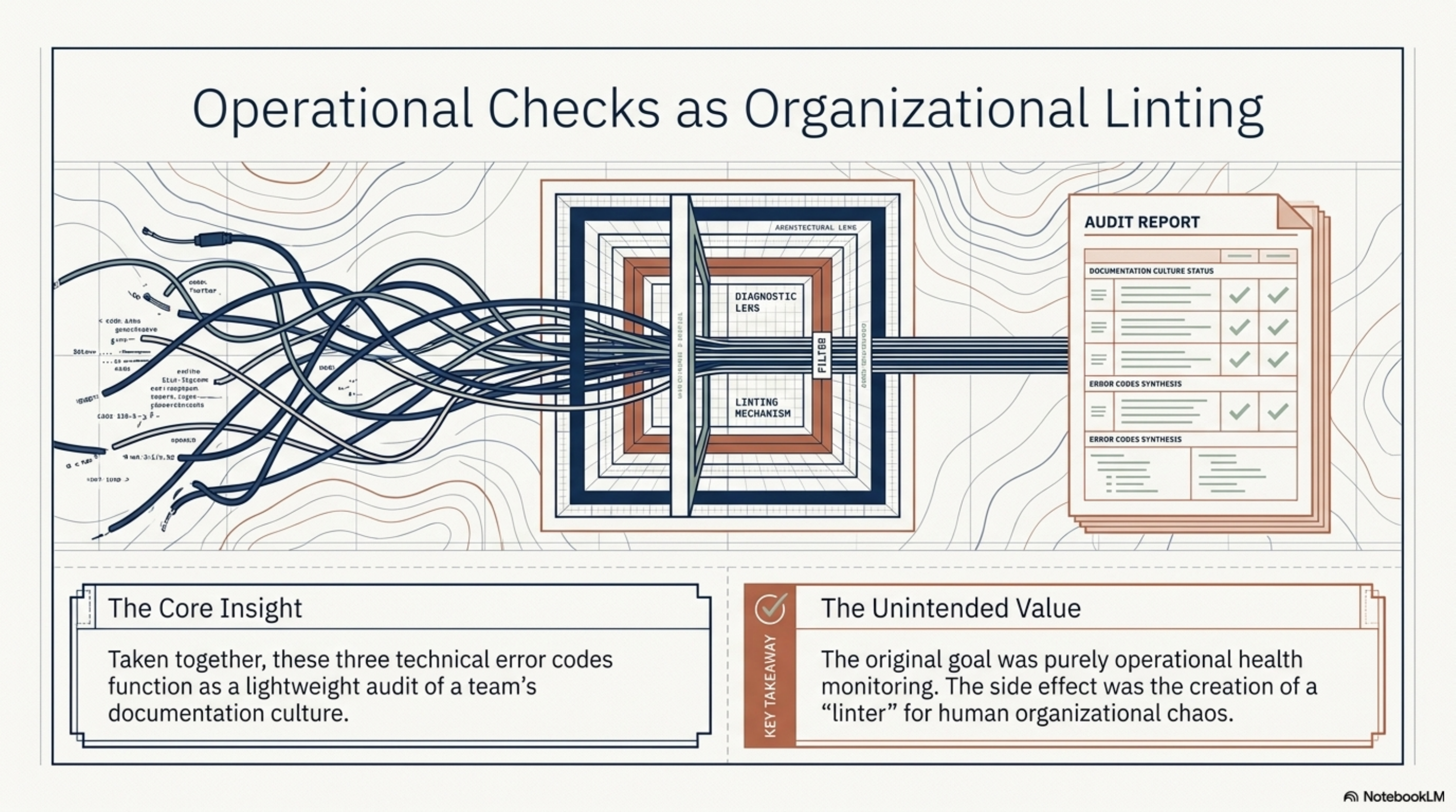 Operational Checks as Organizational Linting. The Core Insight: taken together, these three technical error codes function as a lightweight audit of a team's documentation culture. The Unintended Value: the original goal was purely operational health monitoring. The side effect was the creation of a "linter" for human organizational chaos.