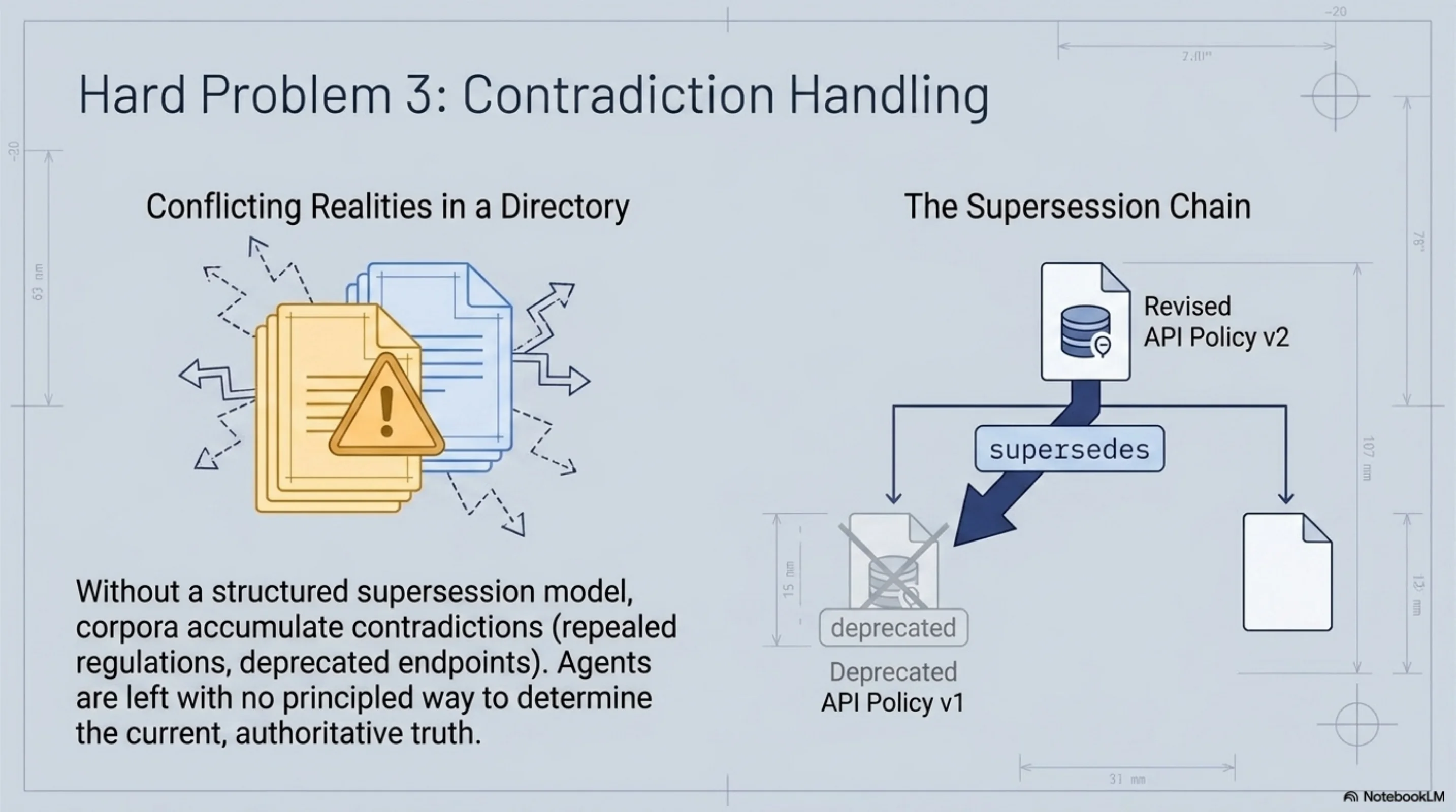 Hard Problem 3: Contradiction Handling — without a supersession model, corpora accumulate conflicting realities; KCP's supersession chain explicitly deprecates overridden units