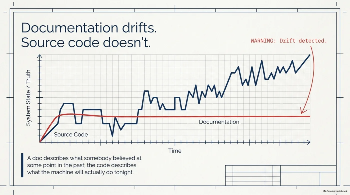 Documentation drifts, source code does not: the real state keeps moving while the documentation line stays flat