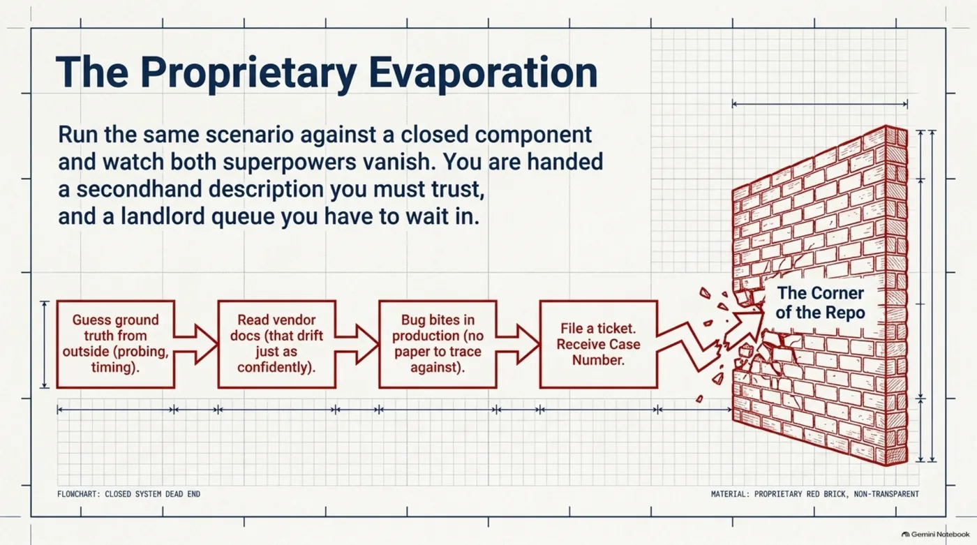 The proprietary evaporation: guess the ground truth, read drifting vendor docs, meet the bug in production, file a ticket