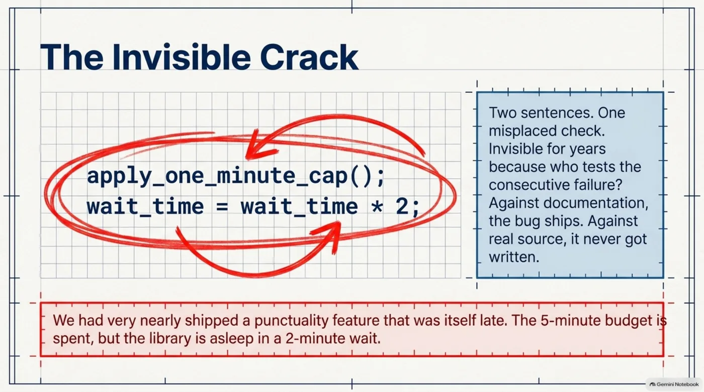 The invisible crack: the one-minute cap is applied before the wait is doubled, so one extra doubling slips through