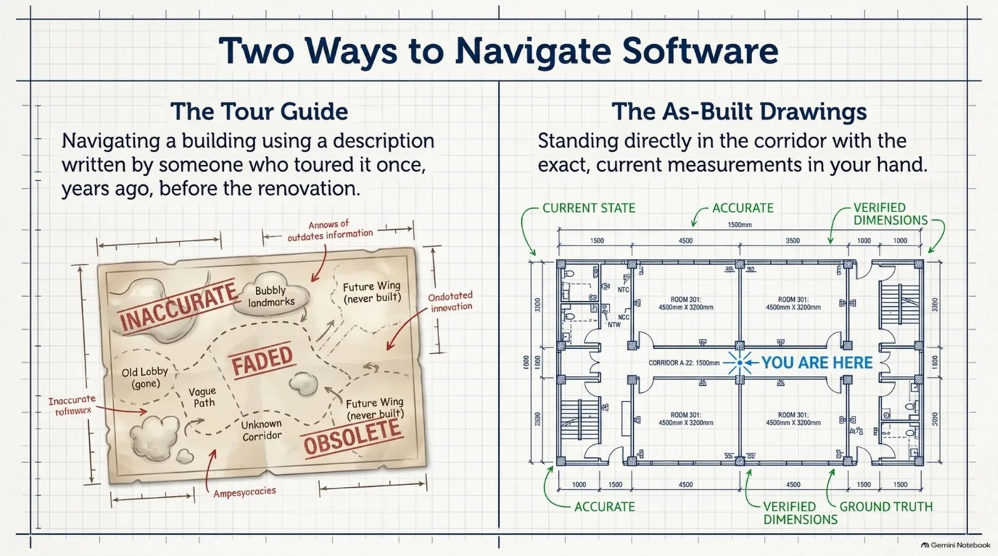 Two ways to navigate software: the tour guide's description from before the renovation, or the as-built drawings in your hand