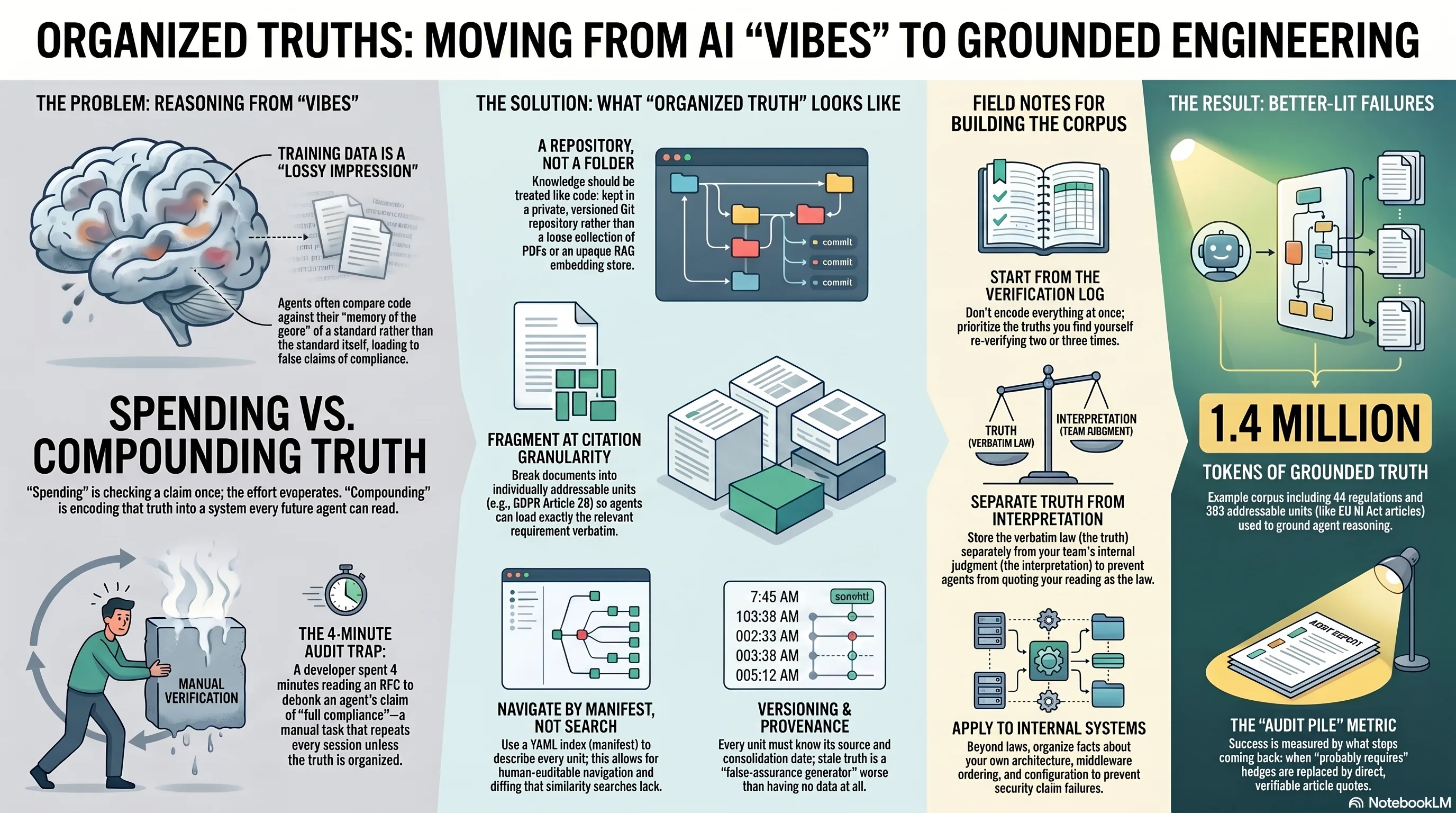 Organized Truths: moving from AI vibes to grounded engineering. An infographic in four columns: the problem — training data is a lossy impression, spending vs compounding truth, the four-minute audit trap; the solution — a repository not a folder, fragments at citation granularity, navigation by manifest not search, versioning and provenance; field notes for building the corpus — start from the verification log, separate truth from interpretation, apply it to internal systems; the result — better-lit failures, 1.4 million tokens of grounded truth, and the audit-pile metric.