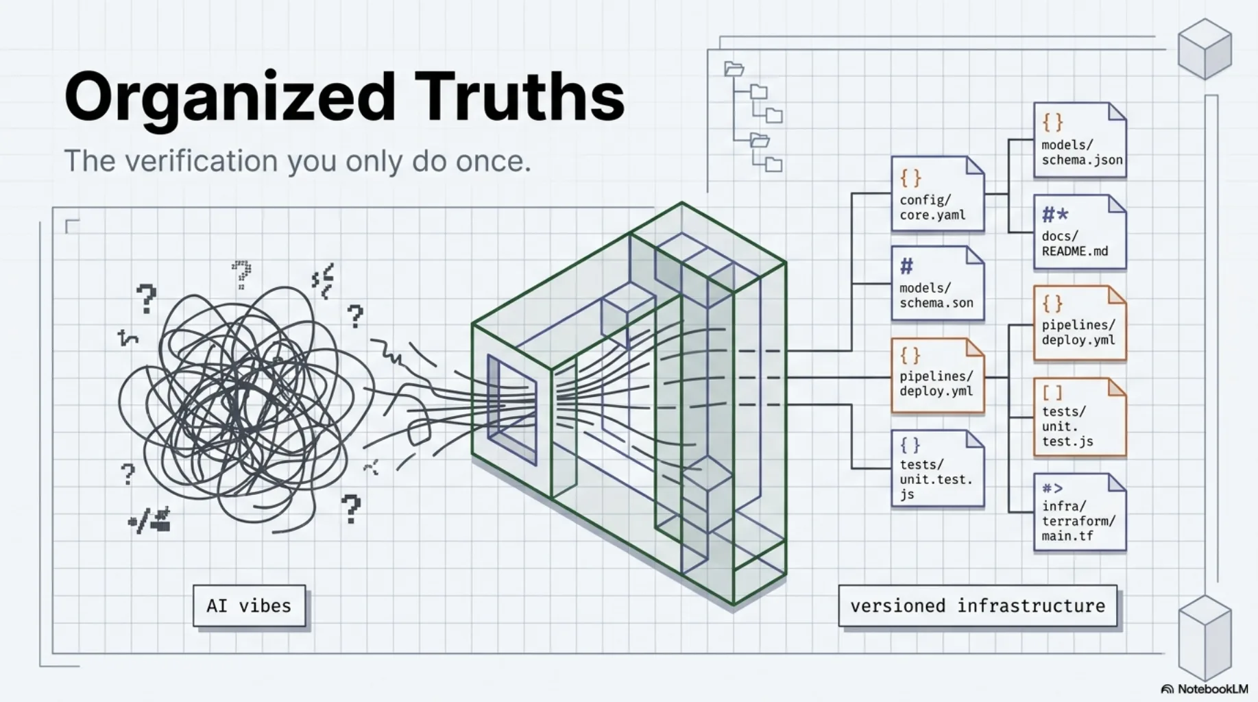 Organized Truths: the verification you only do once. A tangle of scribbled lines labeled "AI vibes" is pulled through a structuring prism into clean, addressable units — config, models, pipelines, tests, docs, infra — labeled "versioned infrastructure."