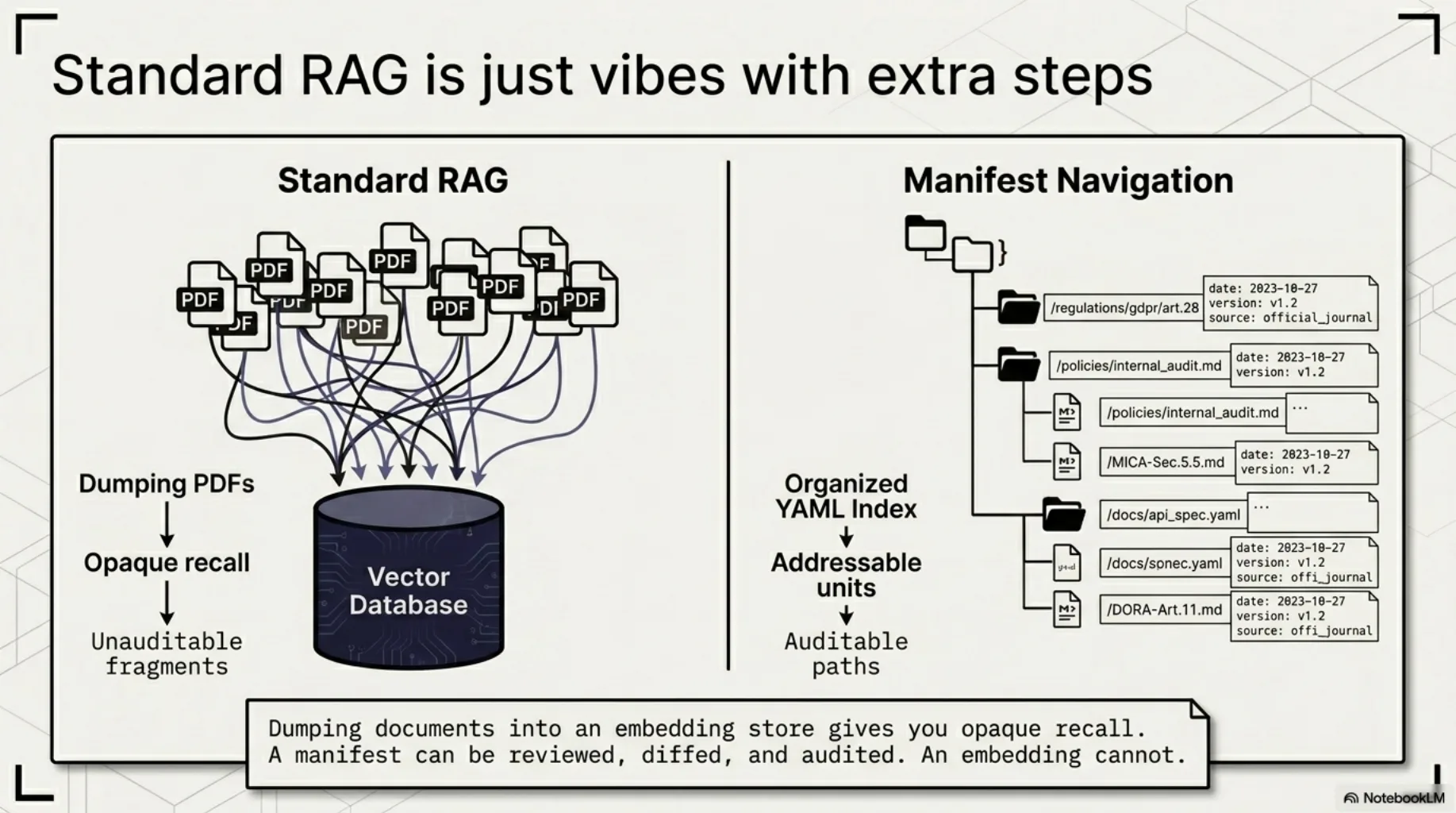 Standard RAG is just vibes with extra steps. Left: a pile of PDFs dumped into a vector database — opaque recall, unauditable fragments. Right: manifest navigation — an organized YAML index pointing to addressable units with dates, versions and sources — auditable paths. A manifest can be reviewed, diffed, and audited; an embedding cannot.