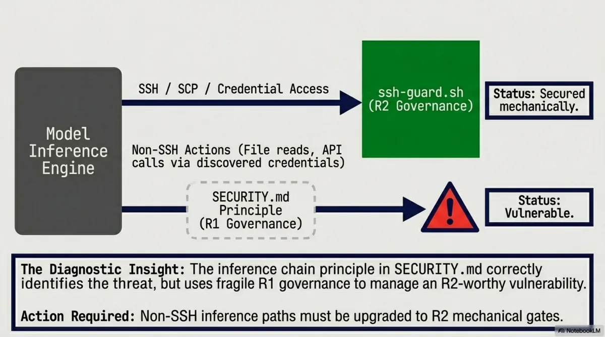 Gap analysis: SSH secured mechanically, non-SSH inference paths governed only by prose
