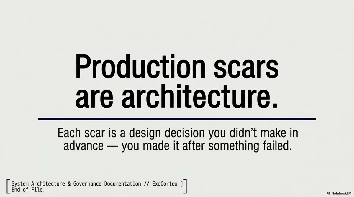 Production scars are architecture. Each scar is a design decision you didn't make in advance — you made it after something failed.