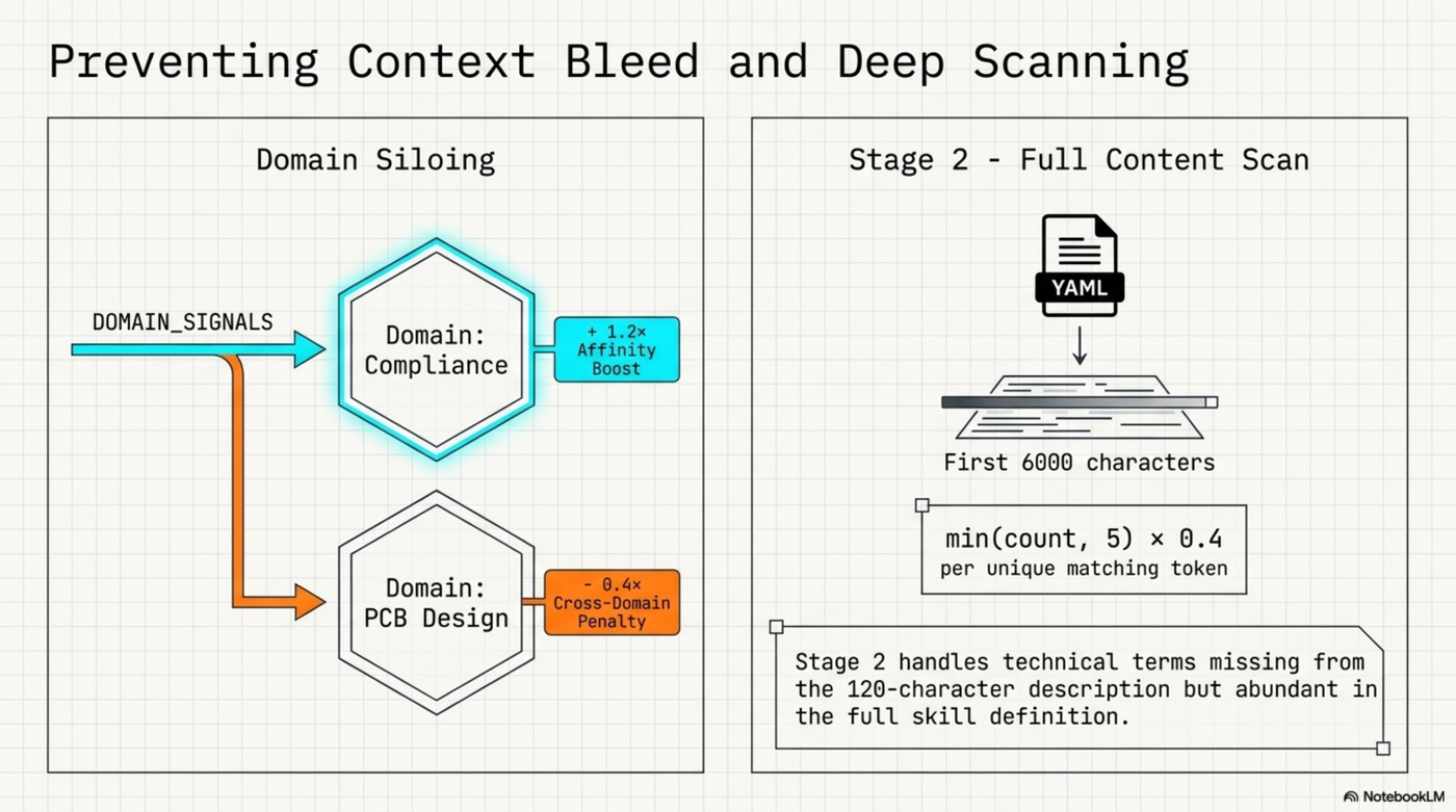 Preventing context bleed — domain siloing with affinity boost and cross-domain penalty; Stage 2 full content scan