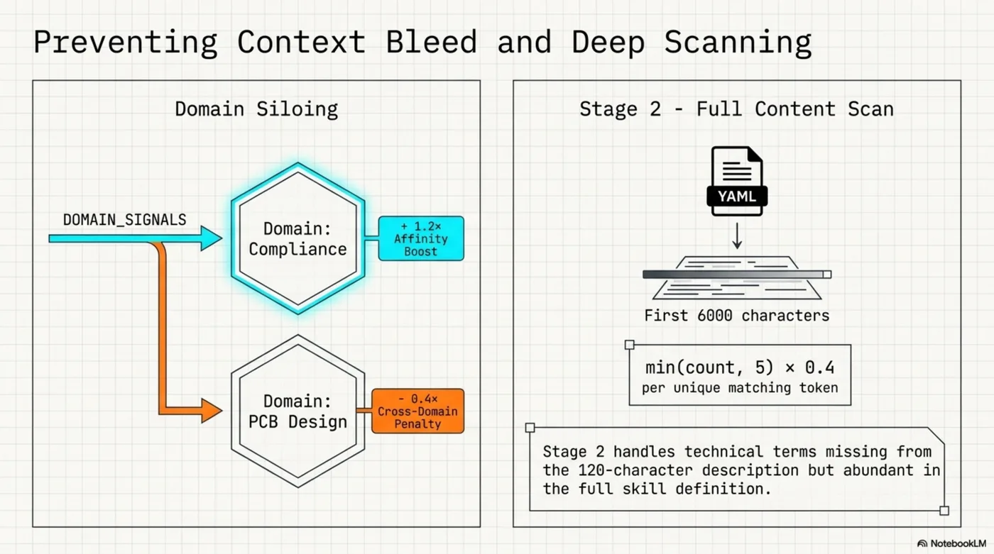 Preventing context bleed — domain siloing with affinity boost and cross-domain penalty; Stage 2 full content scan