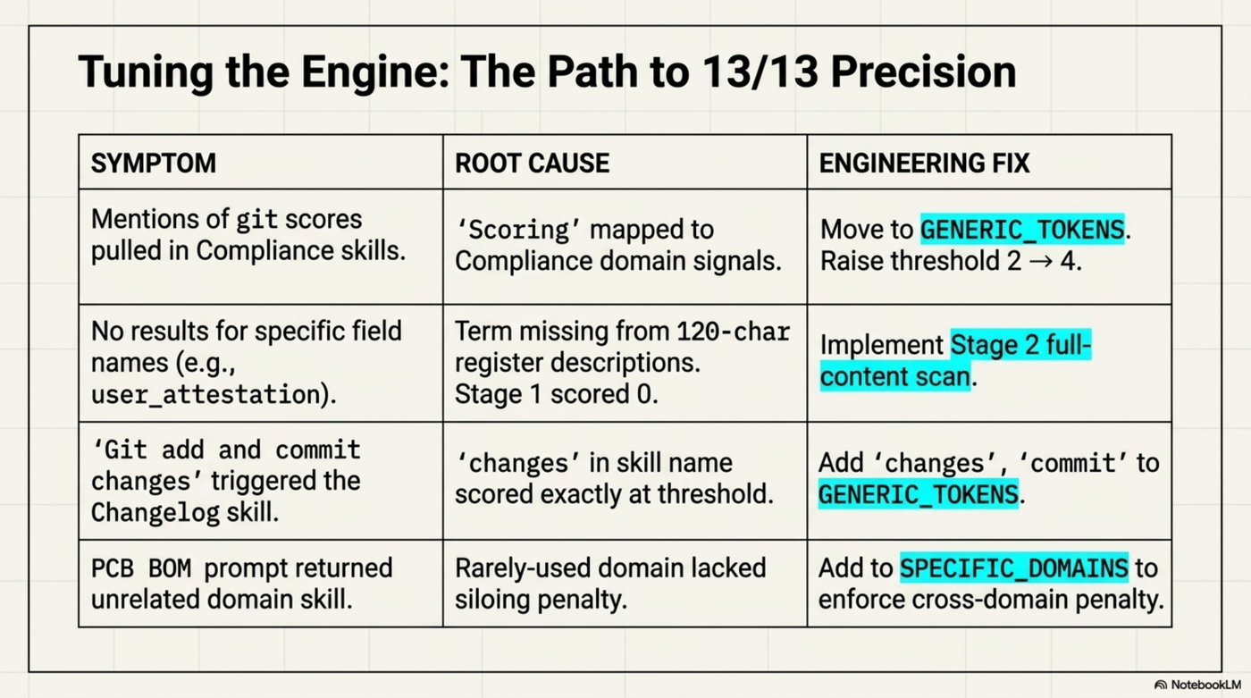 Tuning the engine: the path to 13/13 precision — symptom, root cause, engineering fix table