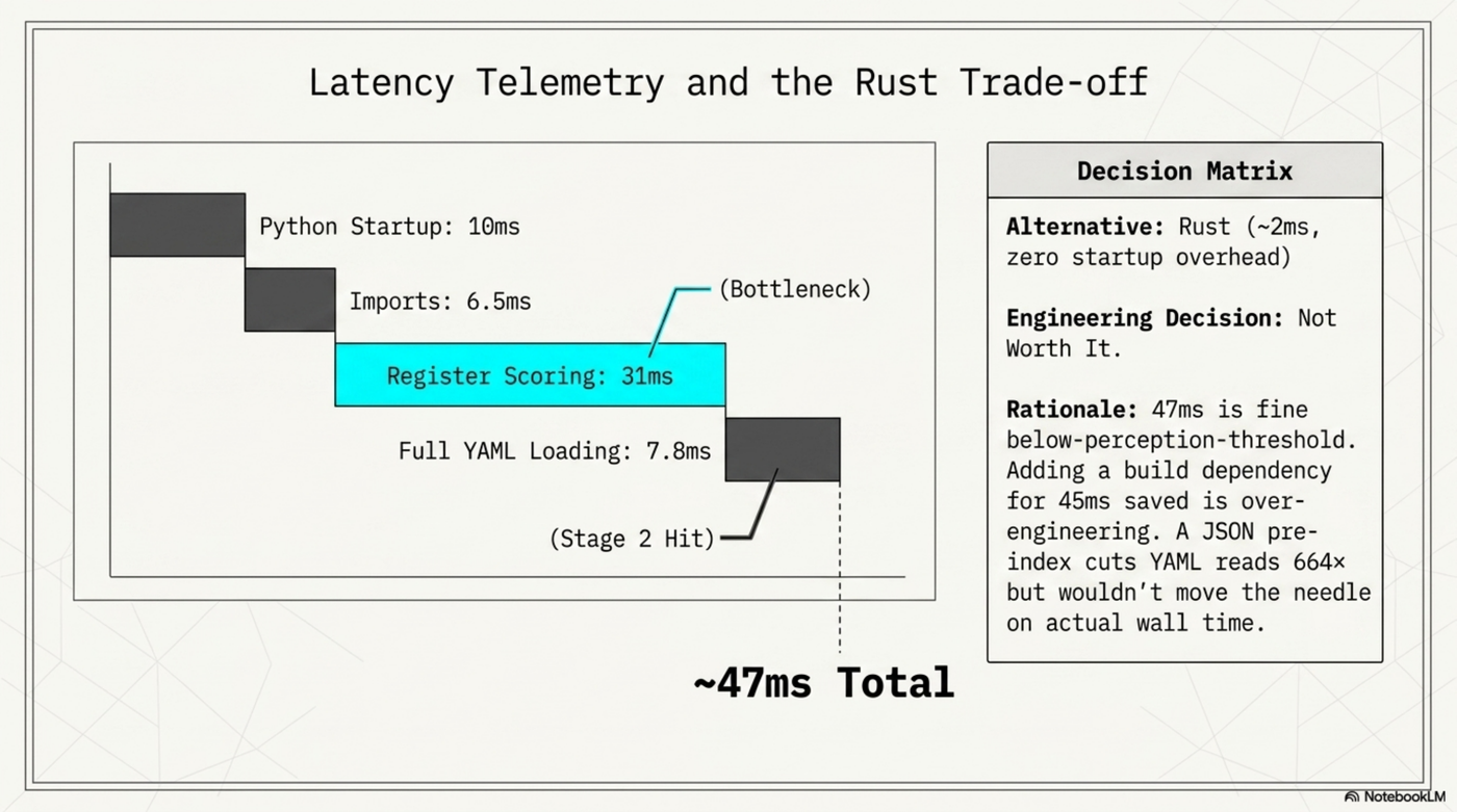 Latency telemetry and the Rust trade-off — waterfall chart, 47ms total, Rust decision matrix