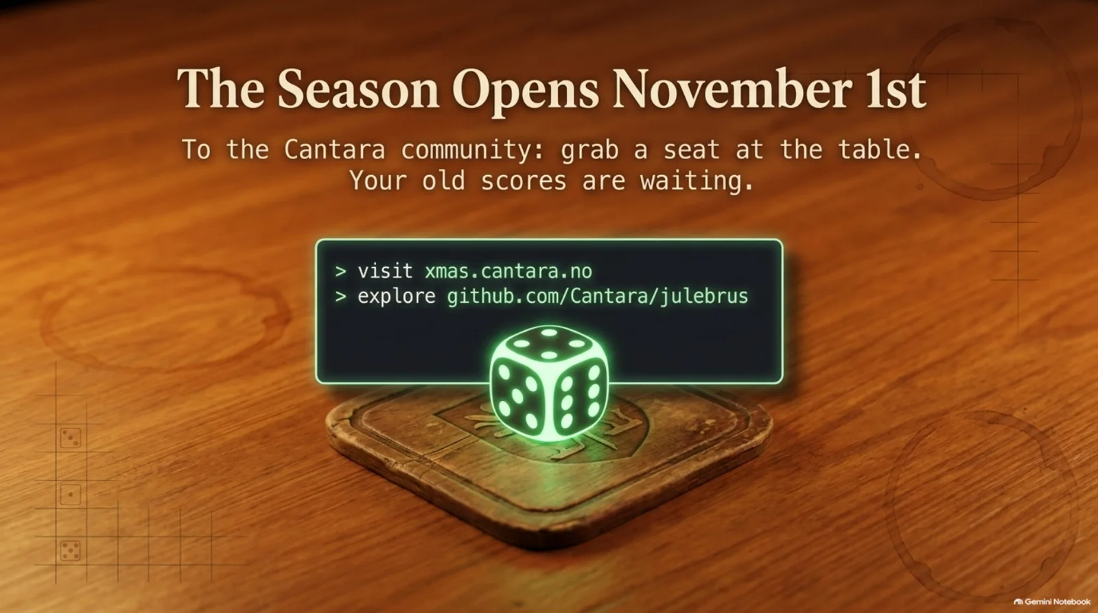 Slide: The season opens November 1st. Visit xmas.cantara.no, explore github.com/Cantara/julebrus.