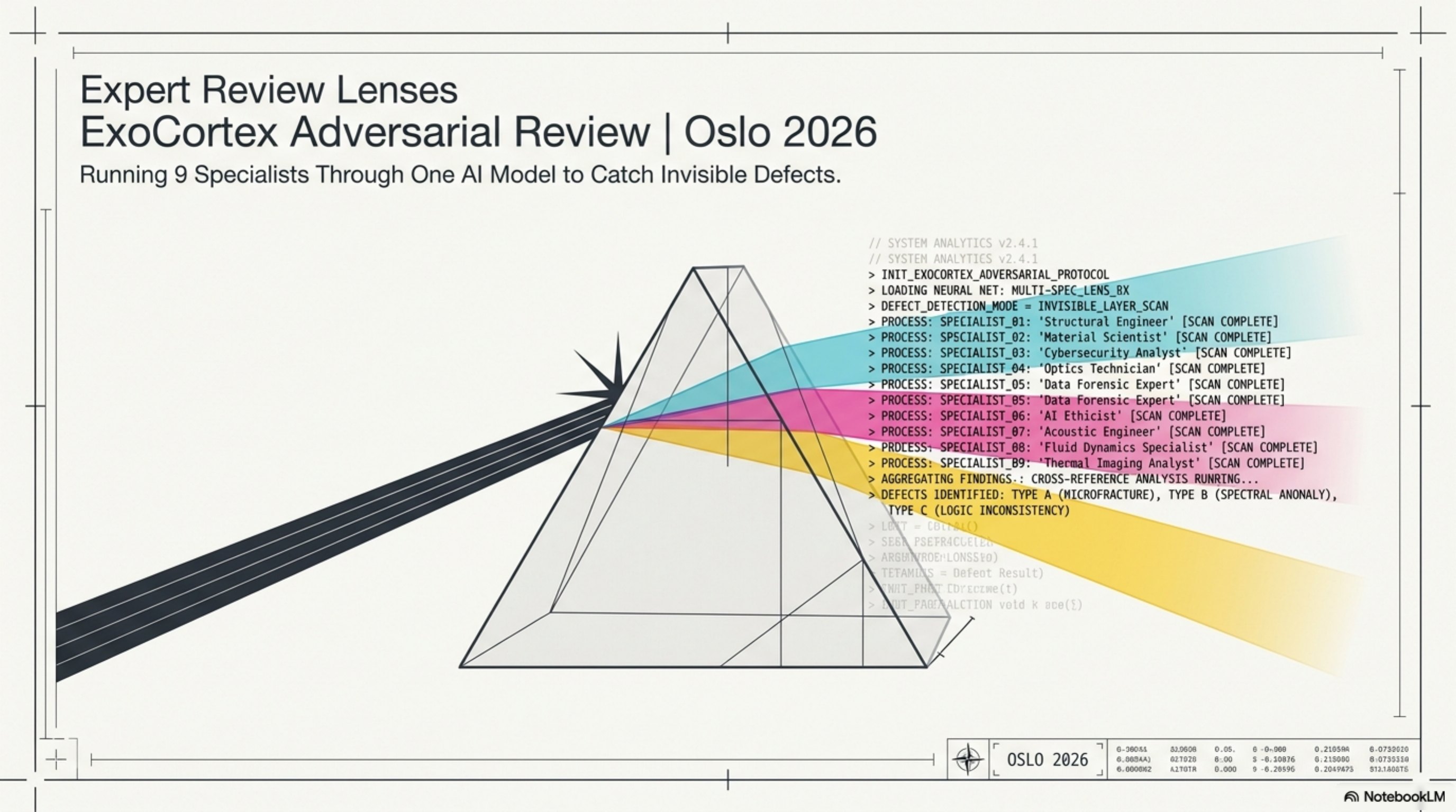 Expert Review Lenses — ExoCortex adversarial review prism diagram, 9 specialists, Oslo 2026
