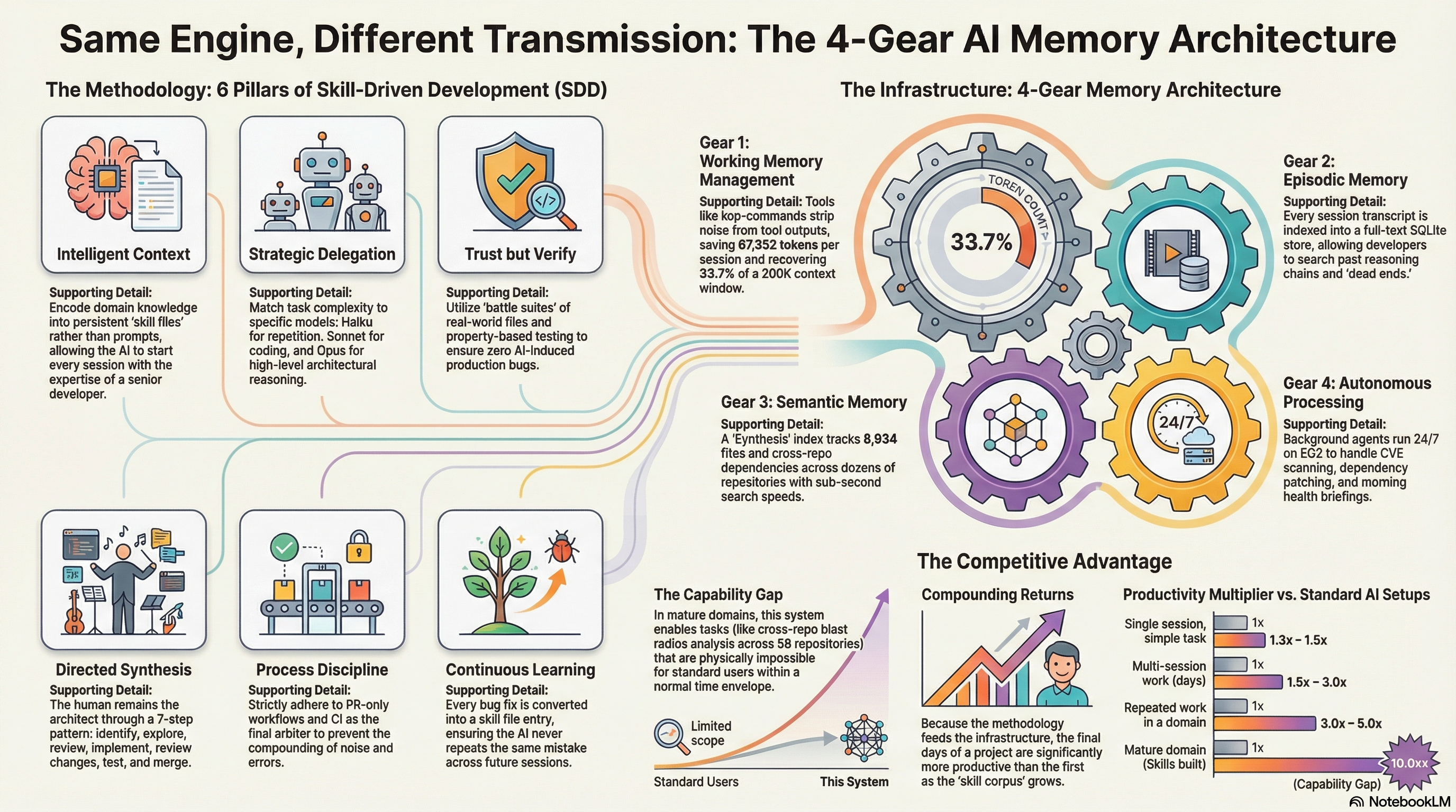 Same Engine, Different Transmission: The 4-Gear AI Memory Architecture -- standard 1-gear setup vs four gears, honest productivity numbers