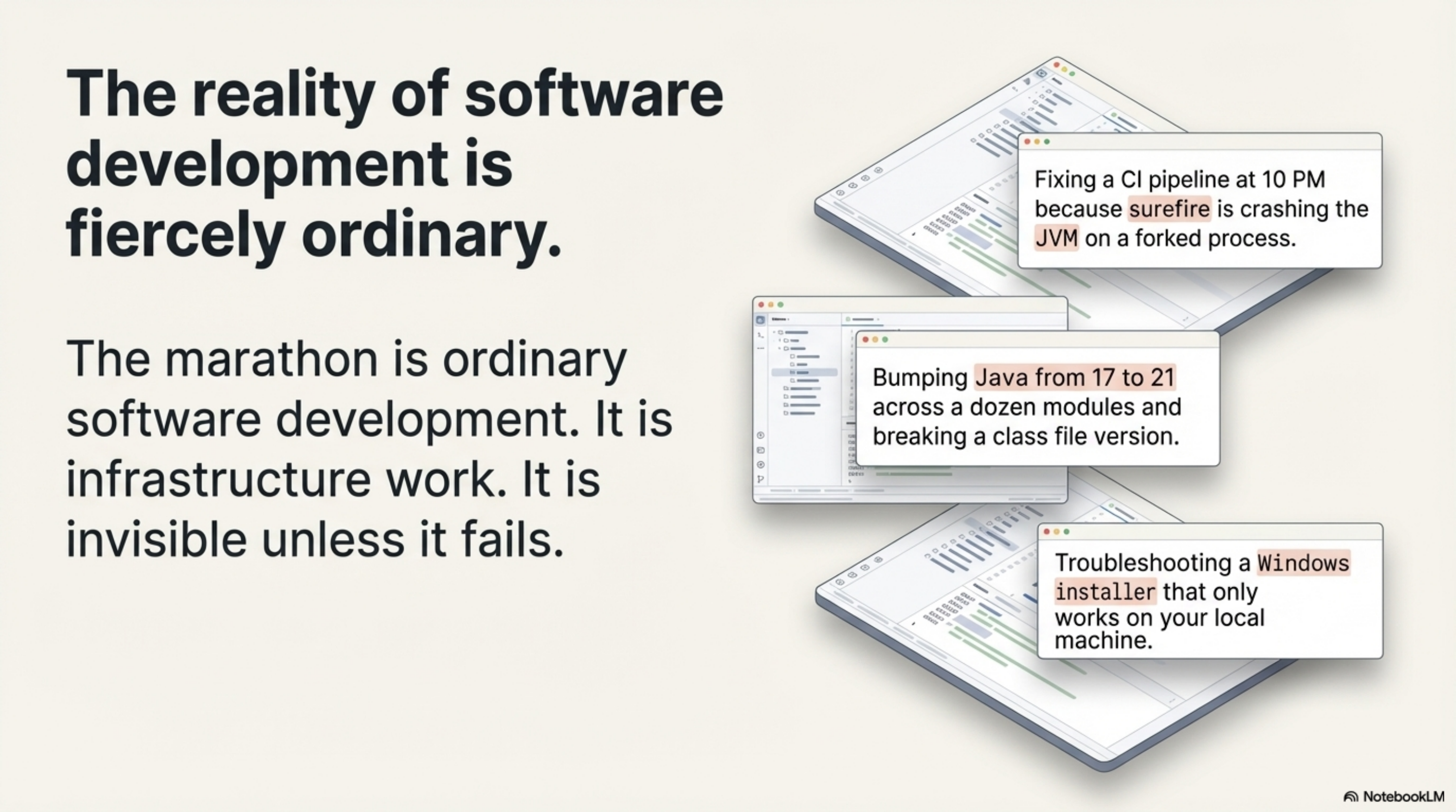 The reality of software development is fiercely ordinary — infrastructure work, invisible unless it fails