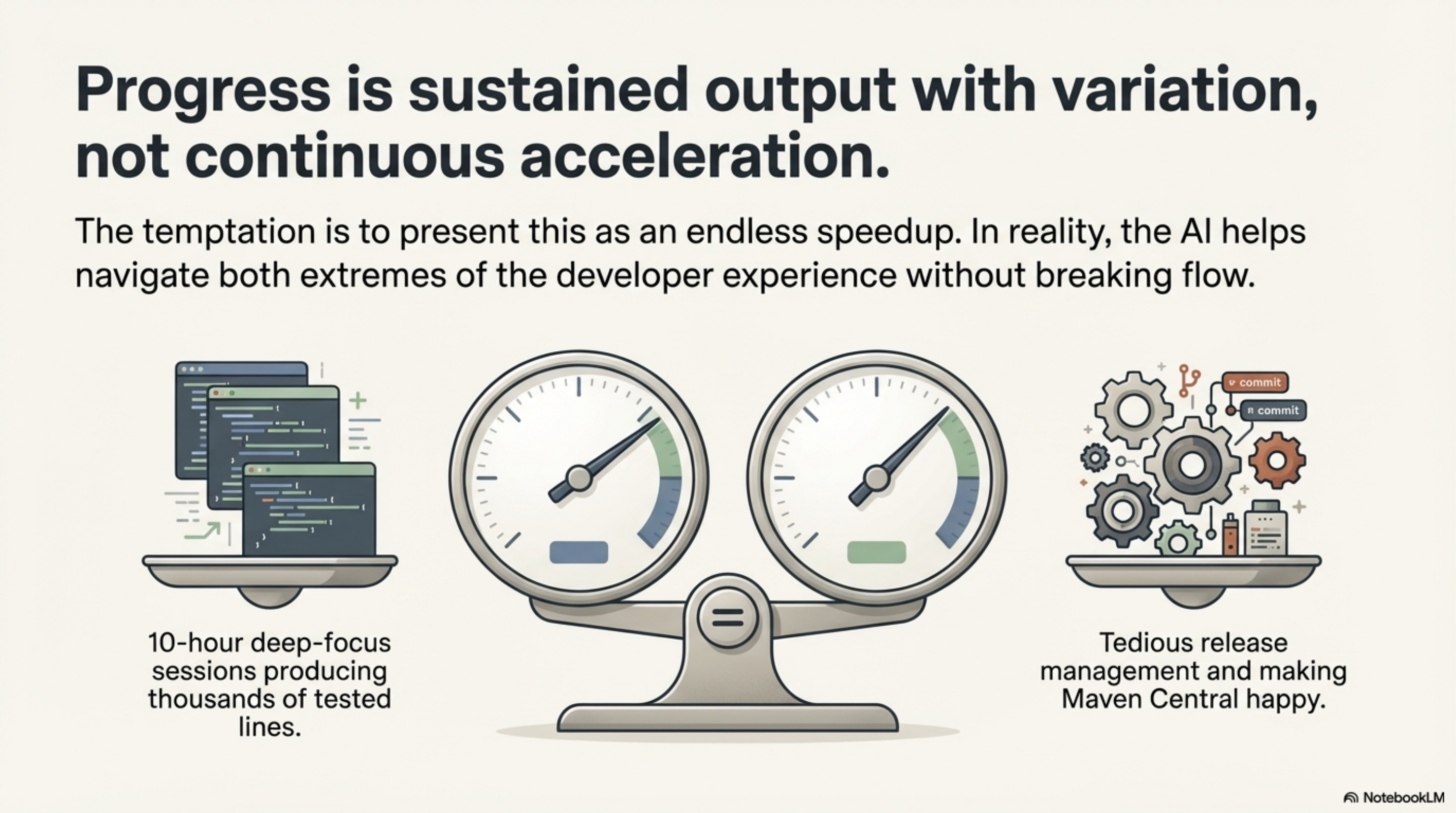 Progress is sustained output with variation, not continuous acceleration