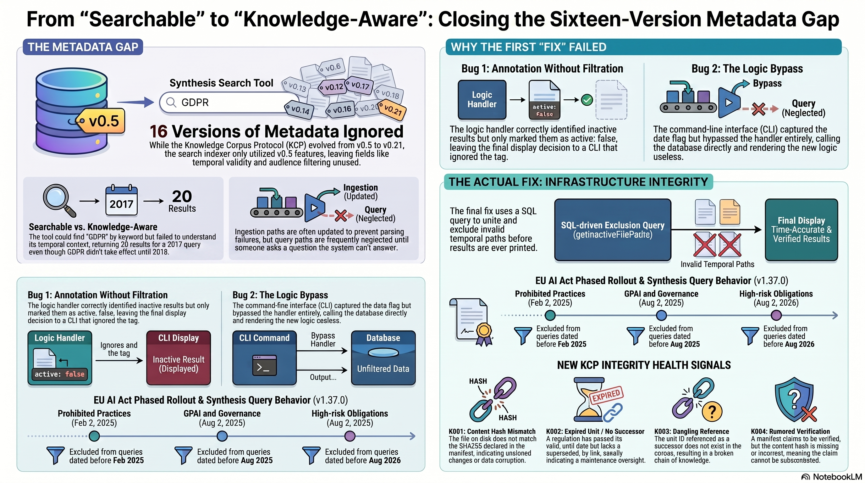 Sixteen Versions of Metadata Nobody Read: infographic covering the 16-version gap between KCP v0.21 and Synthesis v0.5 feature level, the two independent no-op bugs (annotate-but-don't-filter; CLI flag never consumed), the getInactiveFilePaths() UNION SQL fix, the EU AI Act phased rollout test cases, and the four KCP health signals K001–K004.