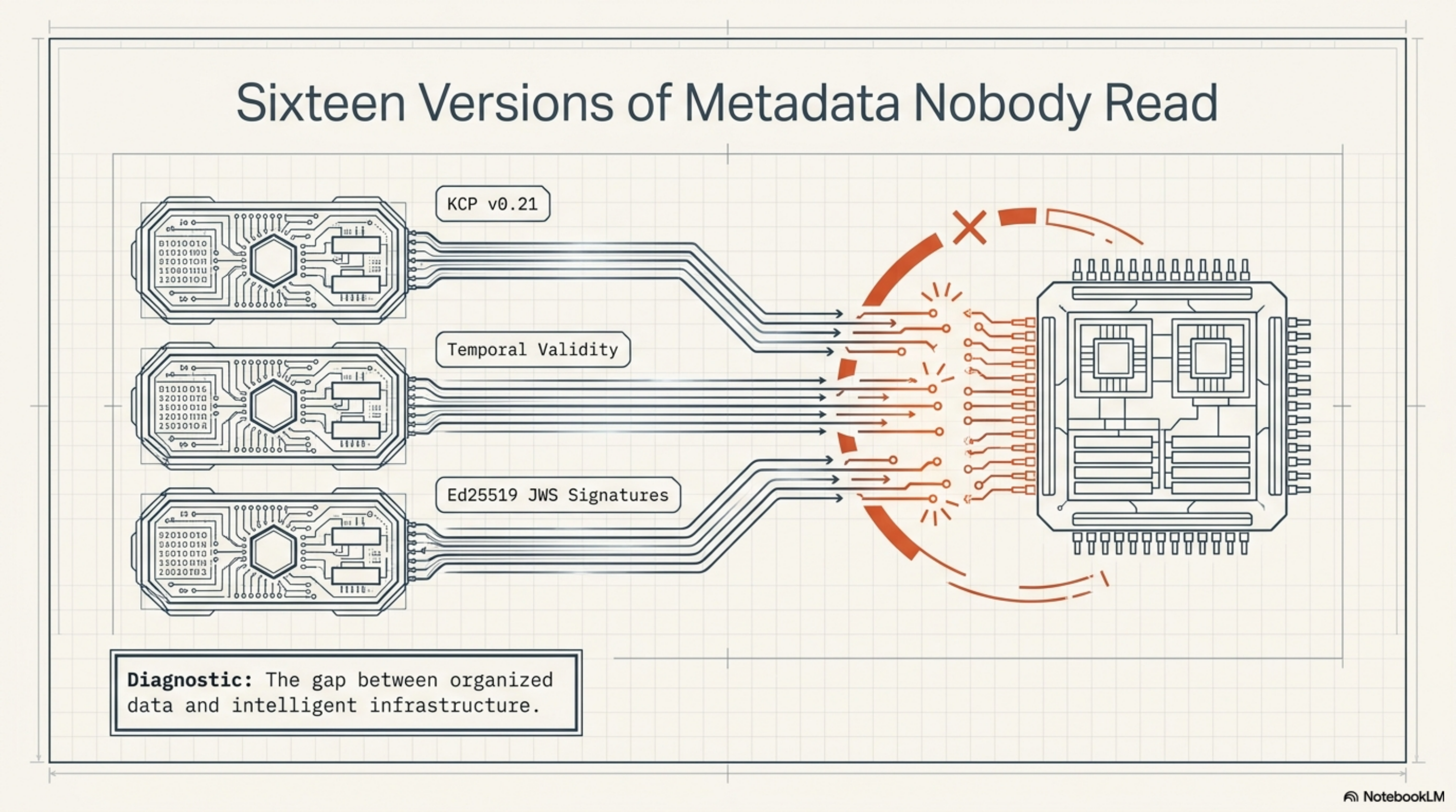 Sixteen Versions of Metadata Nobody Read: a circuit board blueprint showing KCP v0.21, Temporal Validity, and Ed25519 JWS Signatures as three input connectors feeding into a central processor — but the connection is broken with an X. Diagnostic: the gap between organized data and intelligent infrastructure.