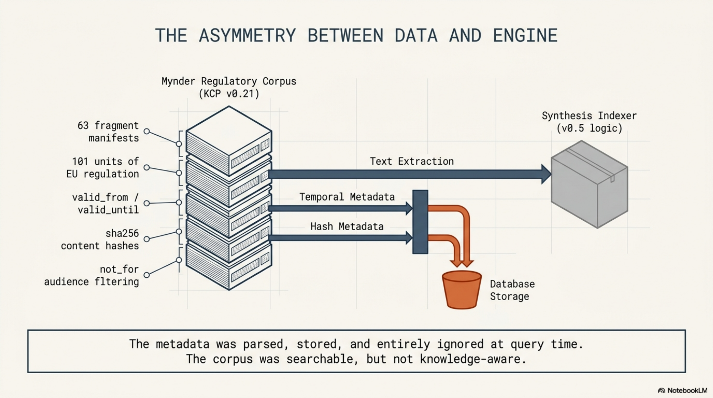 The Asymmetry Between Data and Engine: the Mynder Regulatory Corpus (KCP v0.21) — 63 fragment manifests, 101 units of EU regulation, valid_from/valid_until, sha256 content hashes, not_for audience filtering — feeds text extraction through to the Synthesis Indexer (v0.5 logic). Temporal metadata and hash metadata flow only to Database Storage, never to the indexer at query time. The metadata was parsed, stored, and entirely ignored at query time. The corpus was searchable, but not knowledge-aware.