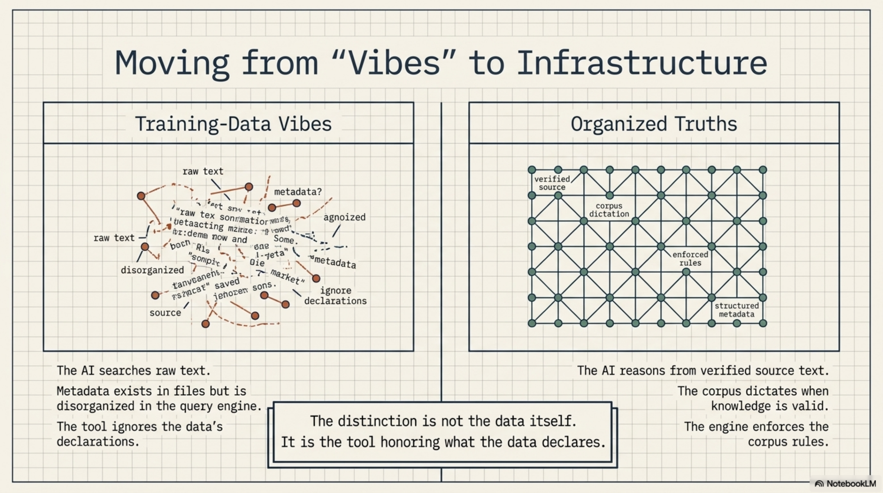 Moving from "Vibes" to Infrastructure: two-column comparison. Left — Training-Data Vibes: a tangled graph of raw text, metadata, declarations all disorganized; the AI searches raw text, metadata exists in files but is disorganized in the query engine, the tool ignores the data's declarations. Right — Organized Truths: a clean grid of verified source, corpus dictation, enforced rules, structured metadata; the AI reasons from verified source text, the corpus dictates when knowledge is valid, the engine enforces the corpus rules. The distinction is not the data itself. It is the tool honoring what the data declares.