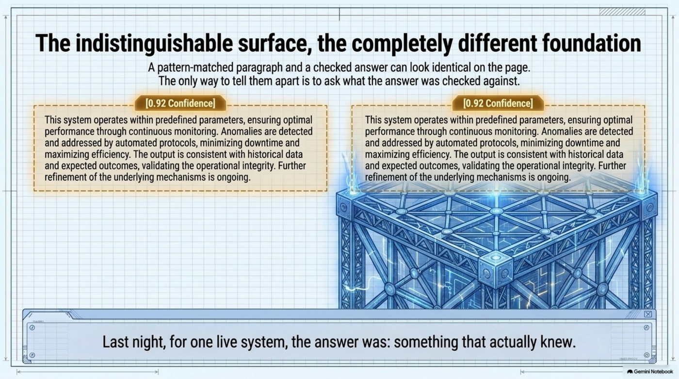 The indistinguishable surface, the completely different foundation: two identical-looking 0.92-confidence paragraphs, one resting on nothing, one resting on a computed, signed fact. Last night, for one live system, the answer was: something that actually knew