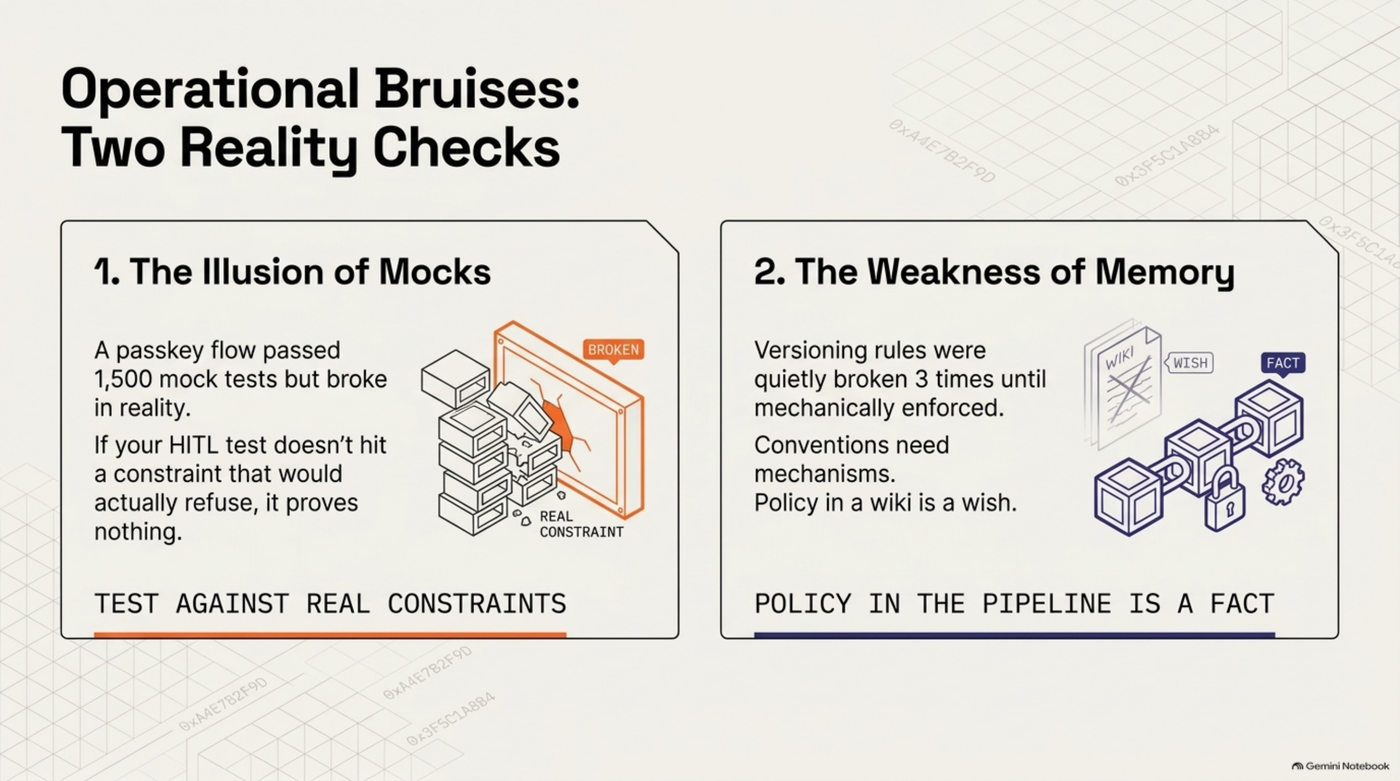 Two operational bruises: a passkey flow passed 1,500 mock tests but broke in reality, because a test that doesn't hit a real constraint proves nothing; a versioning rule was quietly broken three times until it was mechanically enforced, because policy in a wiki is a wish and policy in the pipeline is a fact