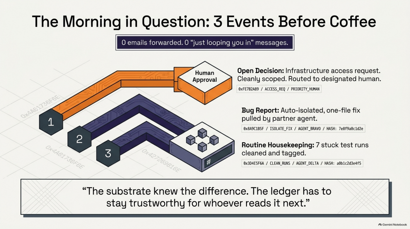 The morning in question: three events before coffee, zero emails forwarded, zero "just looping you in" messages